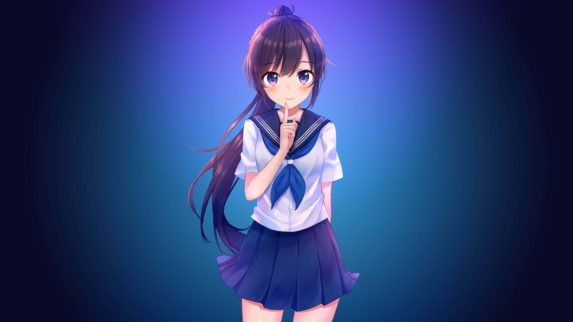 動漫女孩穿著水手服在漸變藍色背景前將手指放在嘴唇上