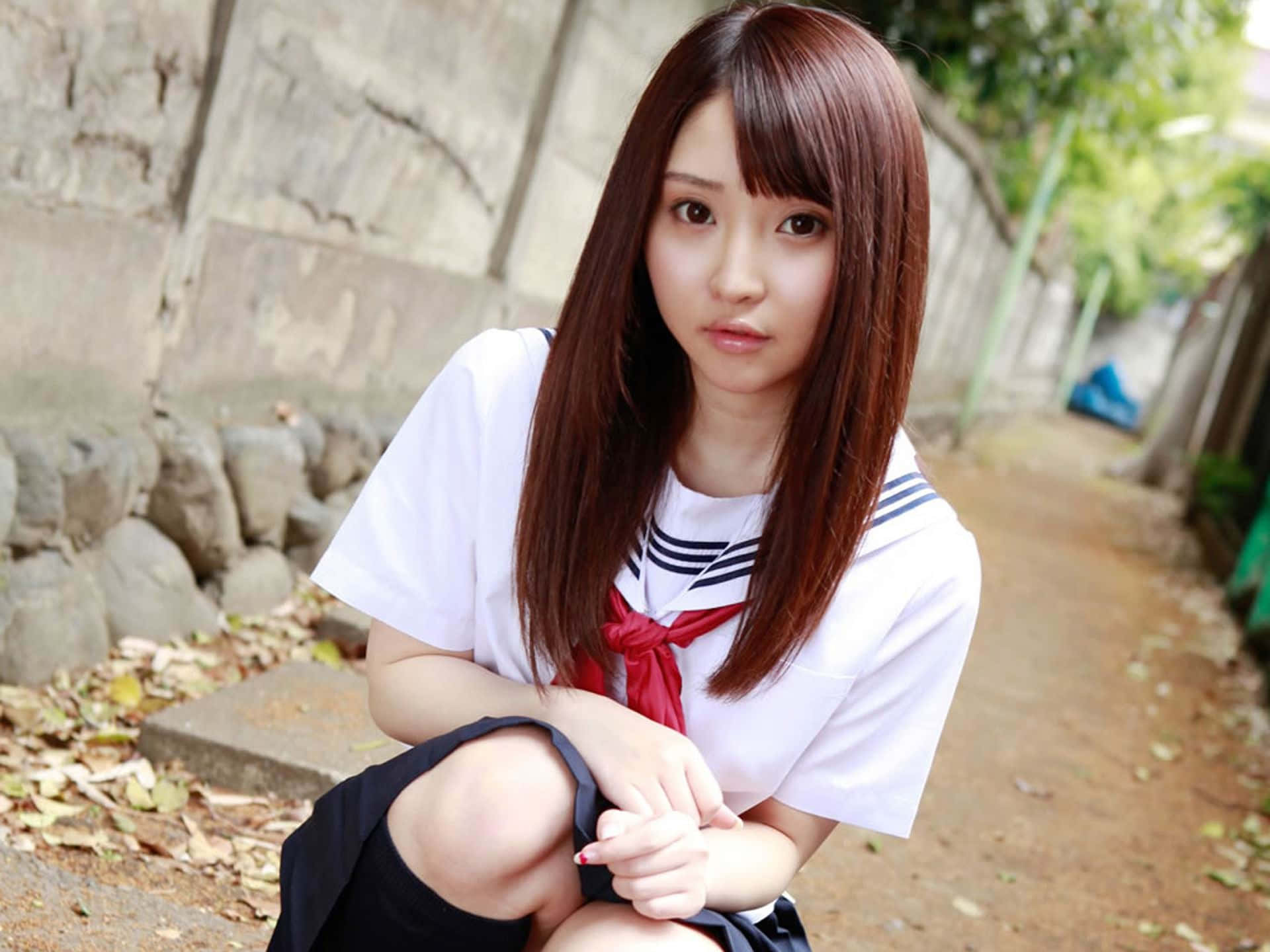 身穿水手服的年輕女孩在戶外跪在石牆和落葉附近。