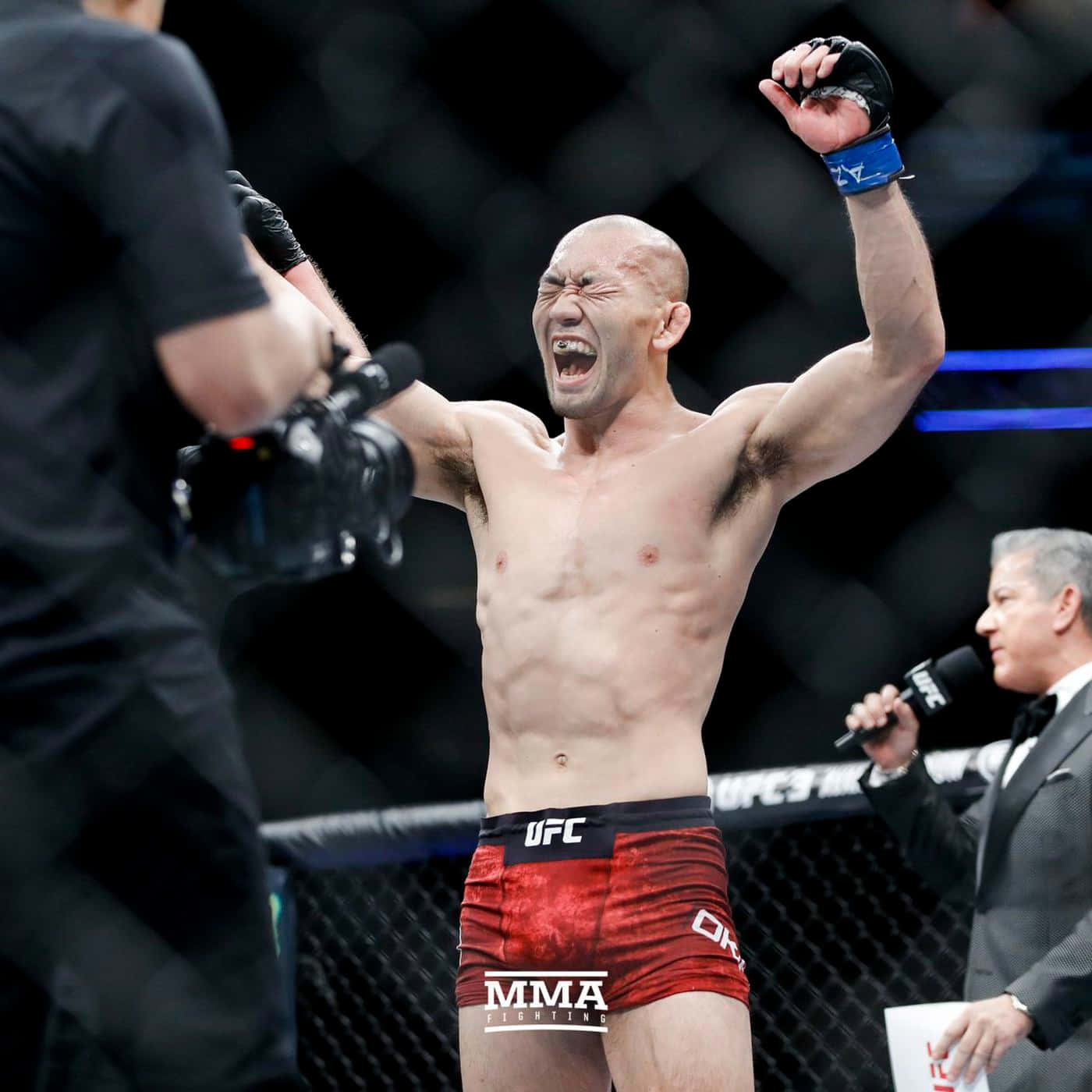 MMA拳手在八角籠內高舉雙臂慶祝勝利。
