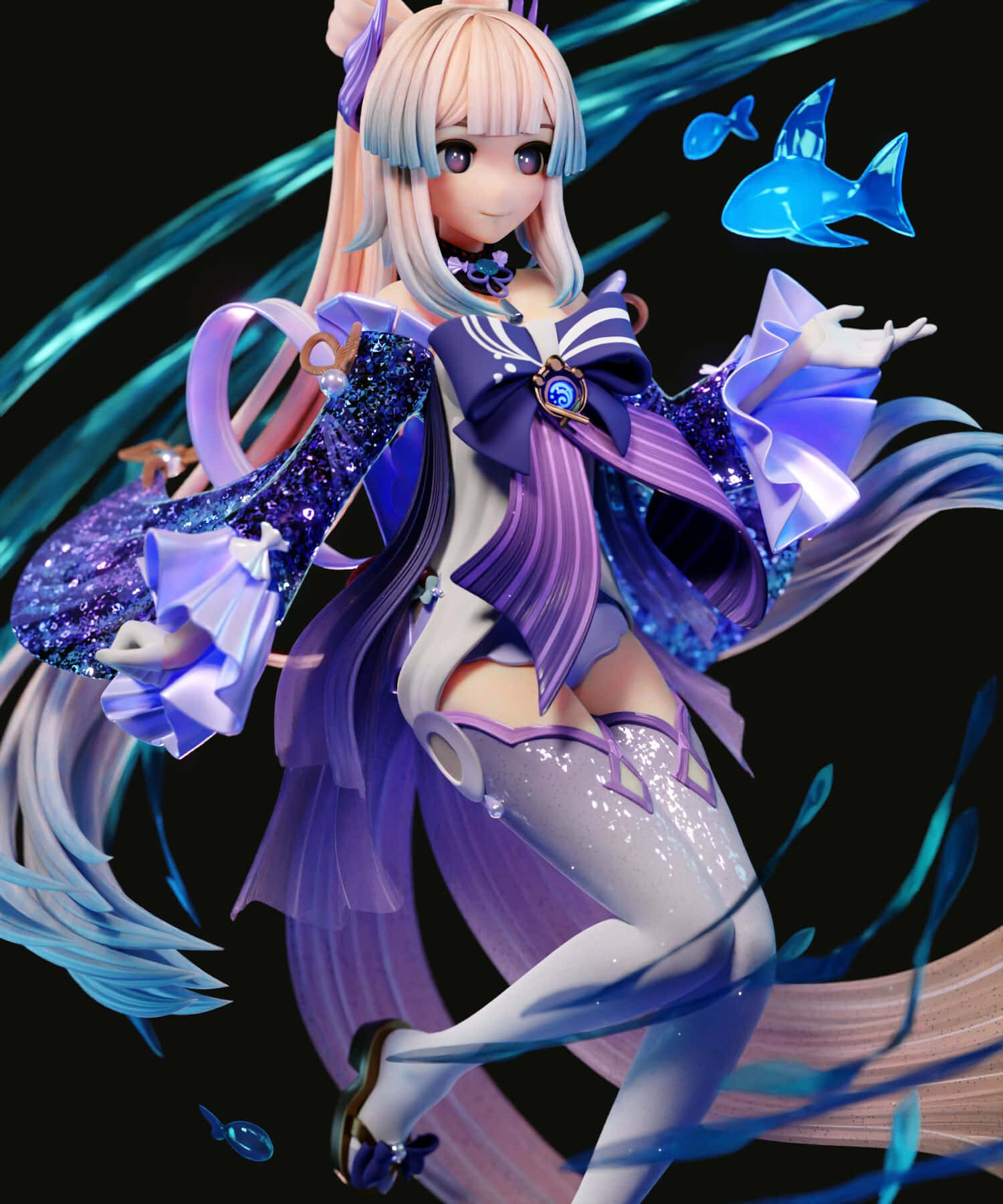 穿著紫色服裝的動漫女孩與發光的藍色魚跳舞。