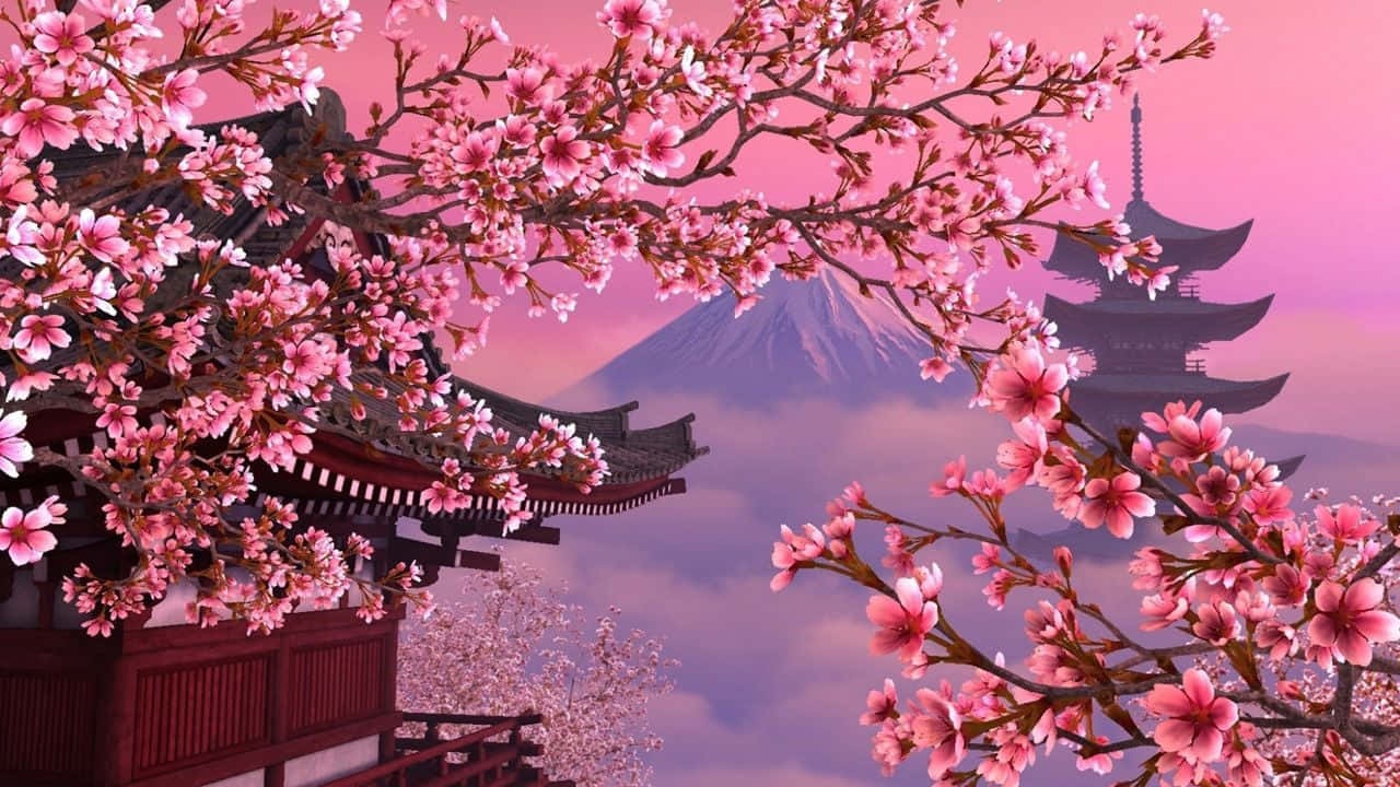 日本櫻花樹 壁紙 — 粉紅櫻花框住傳統日本寺廟，背景是柔和的粉紅天空和遠處的富士山。
