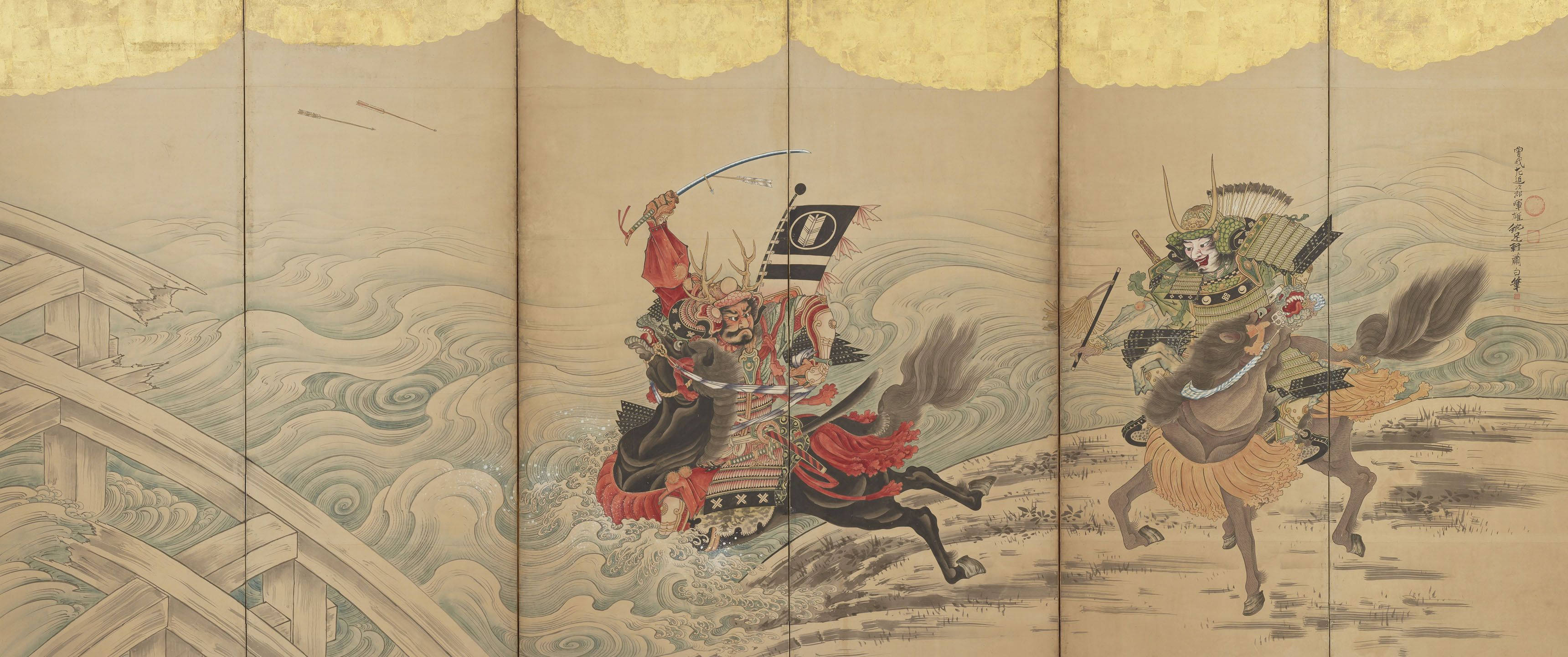 日本武士傳統繪畫 壁紙 — 在傳統日本屏風畫中，騎馬的武士戰士在金色天空下於洶湧波濤中交戰。