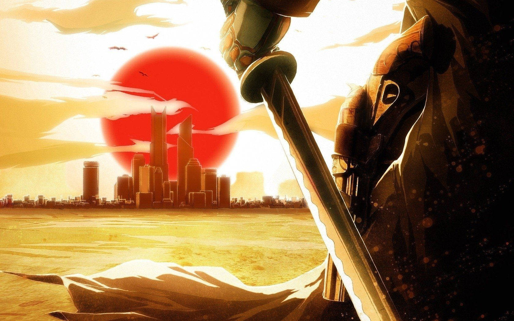 日本武士凝望城市 壁紙 — 一名身穿盔甲的戰士在夕陽下，對著未來城市景觀上方發光的紅日舉起劍。