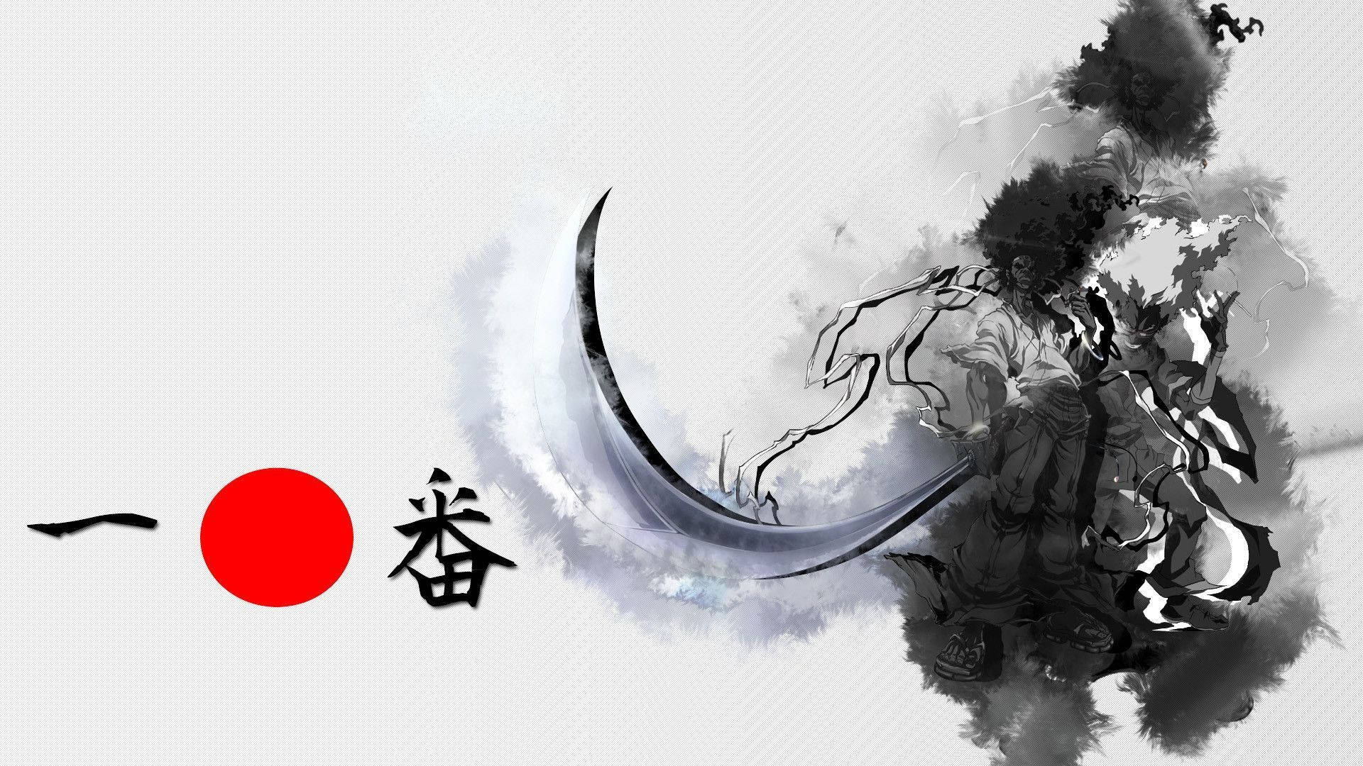 日本武士墨灑畫 壁紙 — 一位動感十足的動漫戰士在極簡白色背景上，伴隨著墨水飛濺的動態，揮舞著彎曲的刀刃，並帶有醒目的紅色和黑色日文字元。