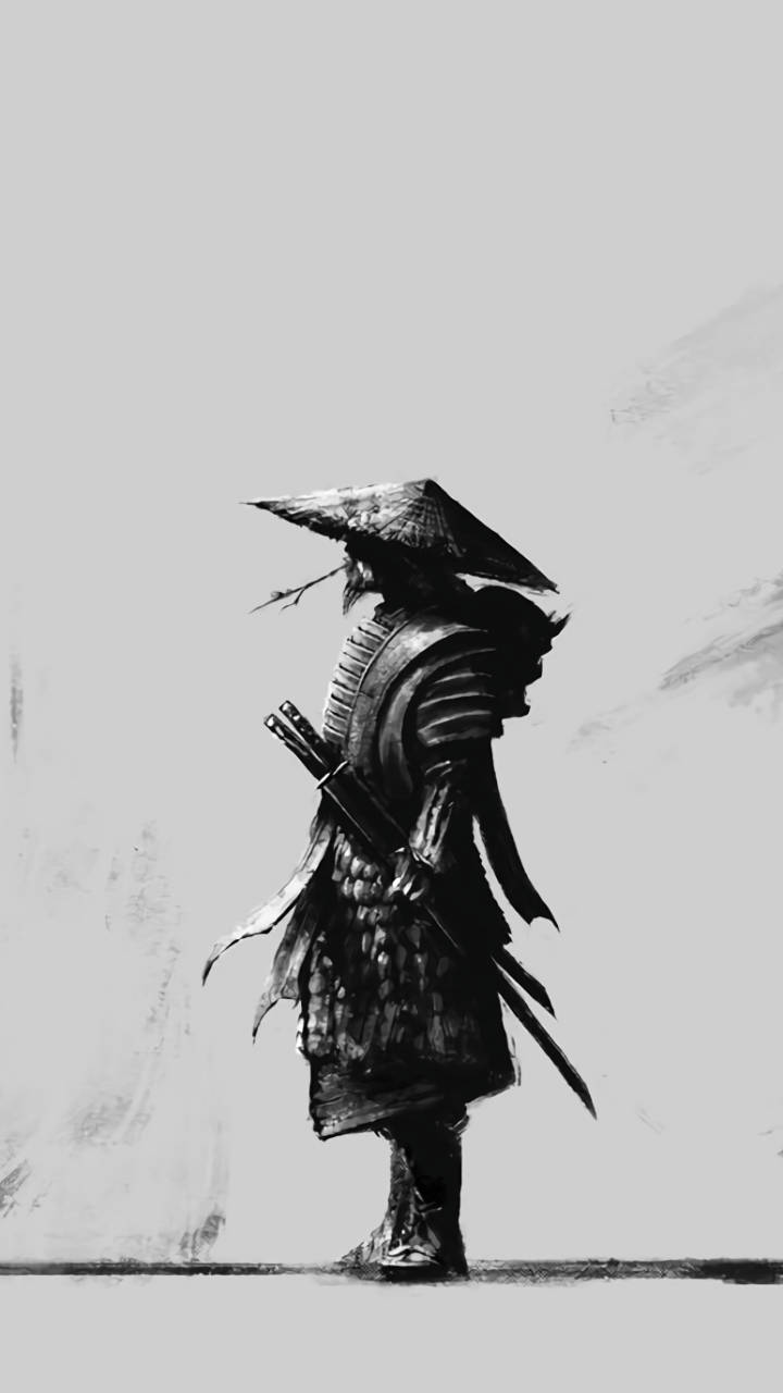 日本武士墨線畫 壁紙 — 一位孤獨的武士穿著傳統盔甲和寬邊帽，以單色呈現，手持劍，背景為極簡紋理背景。