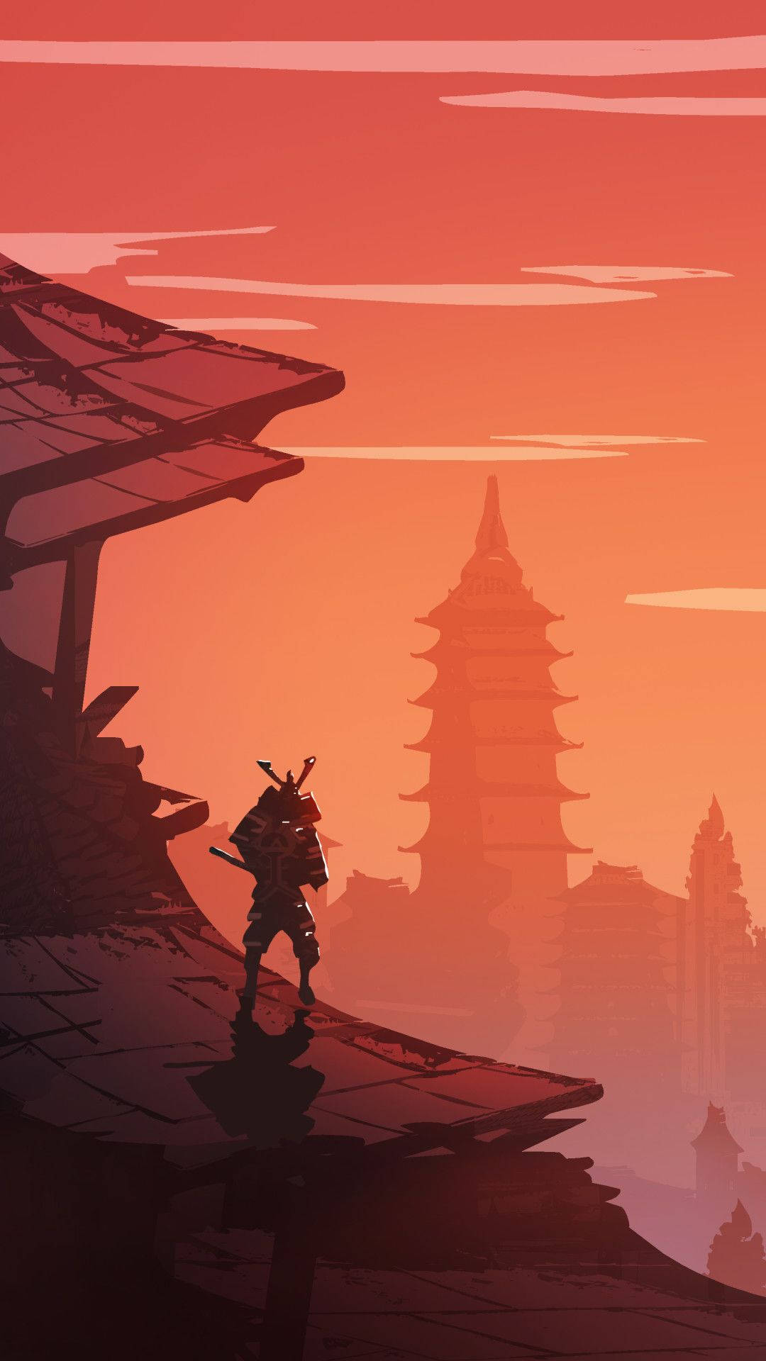 日本武士夕陽神殿 壁紙 — 一位孤獨的武士在日落時分站在寺廟屋頂上形成剪影，俯瞰著遠處的寶塔，背景是火紅的橙色天空。