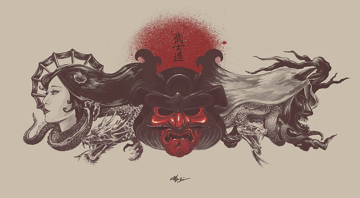 日本武士女戰士與惡鬼 壁紙 — 一個引人注目的插圖，描繪了一個紅色武士面具，兩側是一位寧靜的女性和一個威脅性的惡魔，上方有日文字元。
