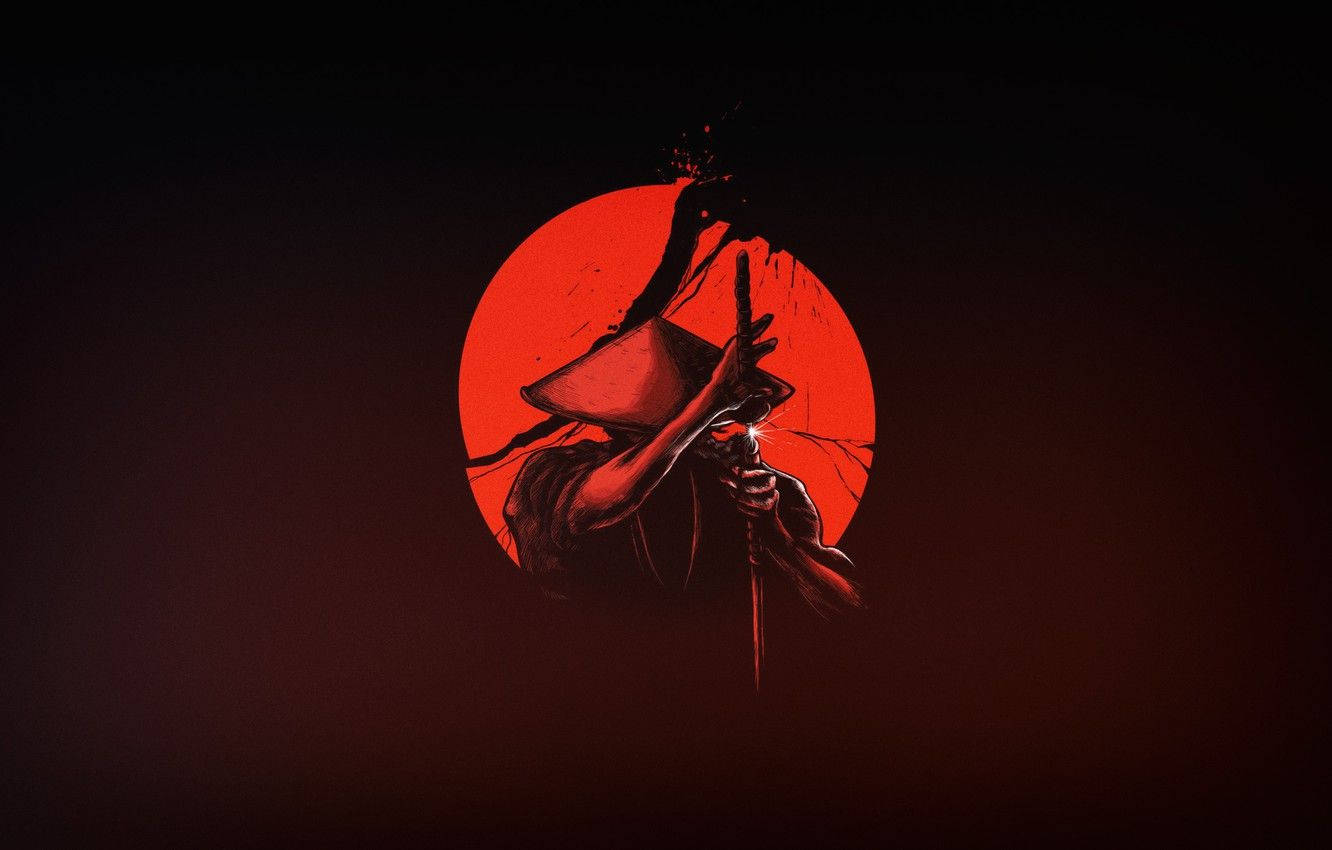 日本武士收刀 壁紙 — 一位戴著圓錐形帽子的武士戰士，在血紅色圓形背景上手持劍，背景有深色飛濺。