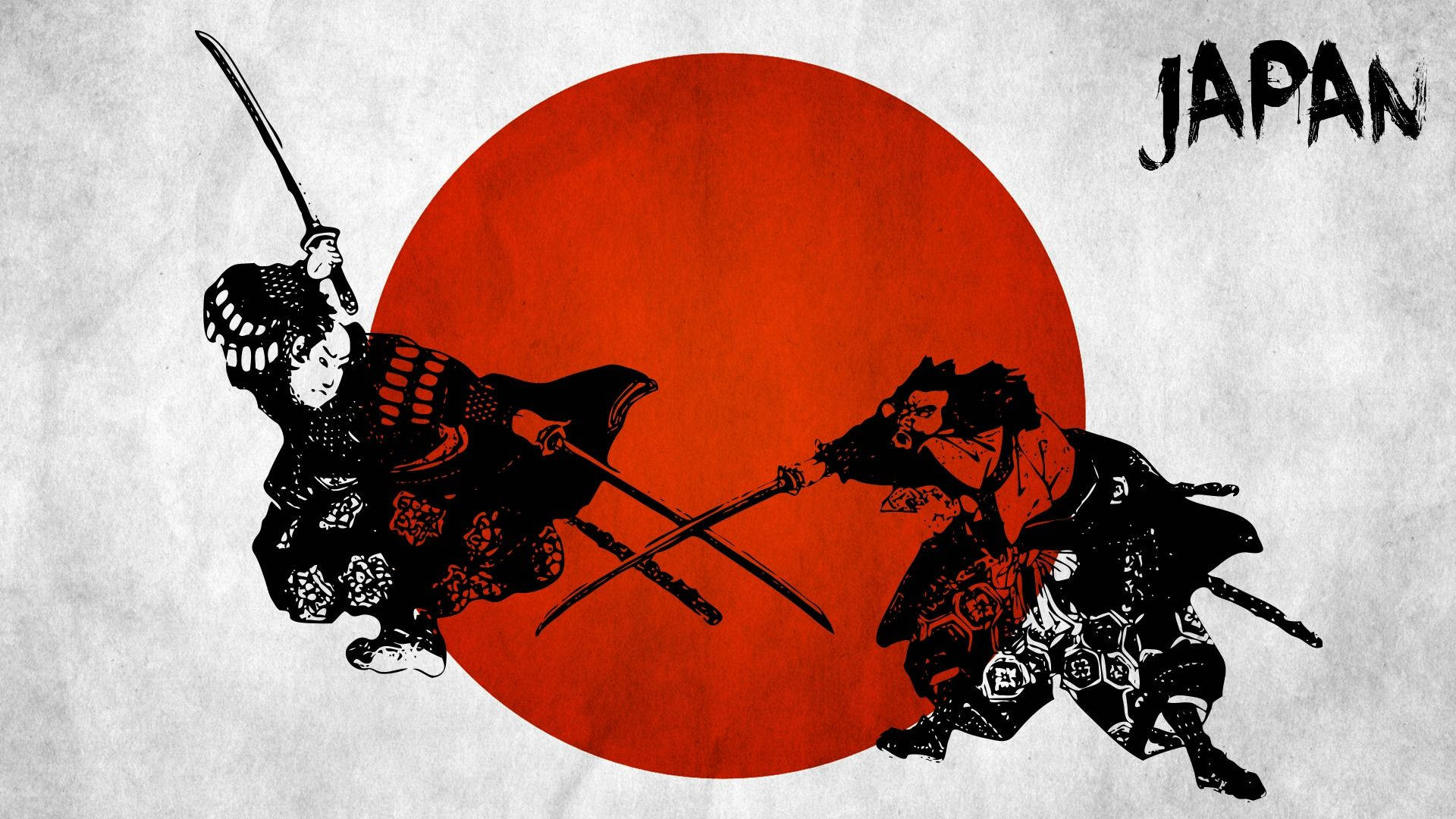 日本武士旗幟劍戰 壁紙 — 兩個武士在紋理白色背景上以動態黑色剪影碰撞，襯托著大膽的紅色太陽。