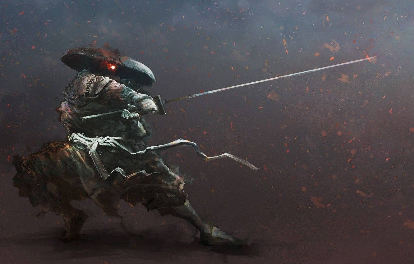 日本武士浪人 壁紙 — 一名戴著兜帽的戰士騎在馬上，用發光的劍劃過紅色餘燼風暴，映襯著黑暗煙霧彌漫的天空。