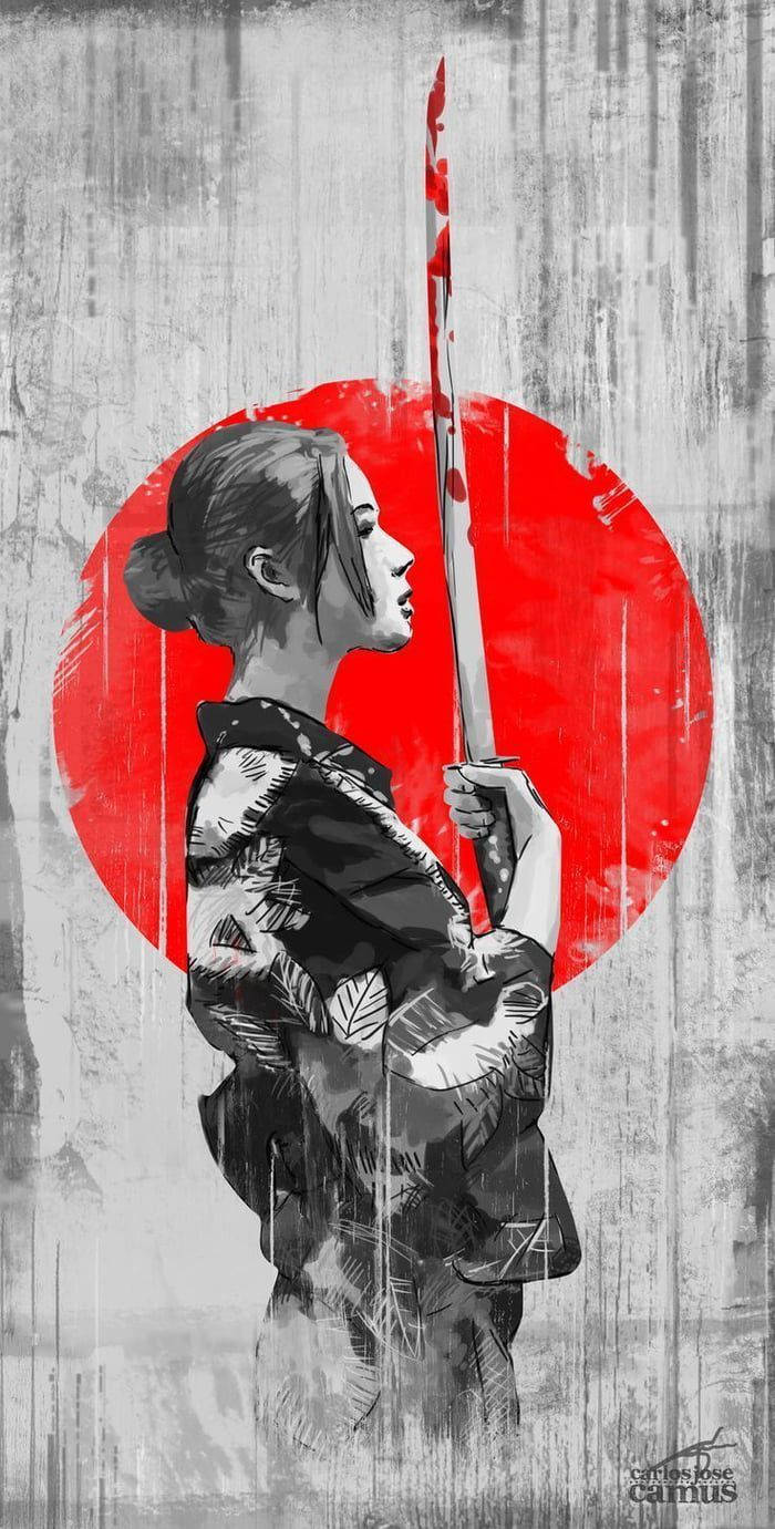 日本武士浴衣女武士 壁紙 — 一位身穿圖案和服的女戰士，手持血劍，背景是褪色灰色上的大膽紅色圓圈。