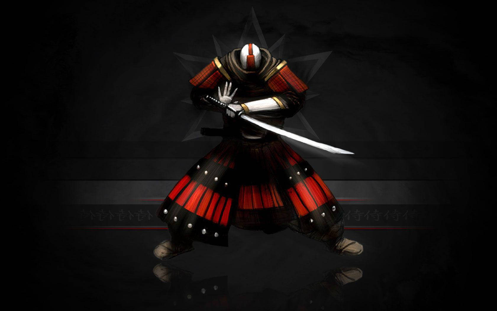 日本武士深色背景 壁紙 — 一位身穿紅黑盔甲的武士，手持武士刀，站在黑暗背景前，帶有星爆和漢字點綴。