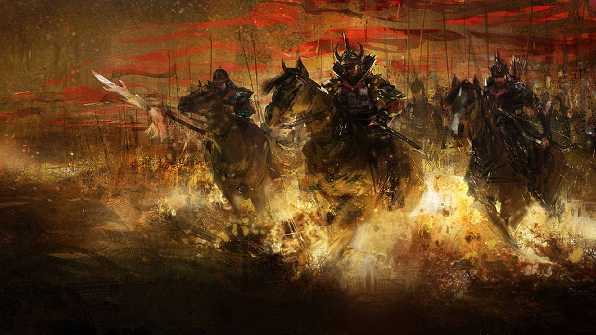 日本武士烈焰戰馬 壁紙 — 武士騎兵在血紅天空下衝過火海戰場。