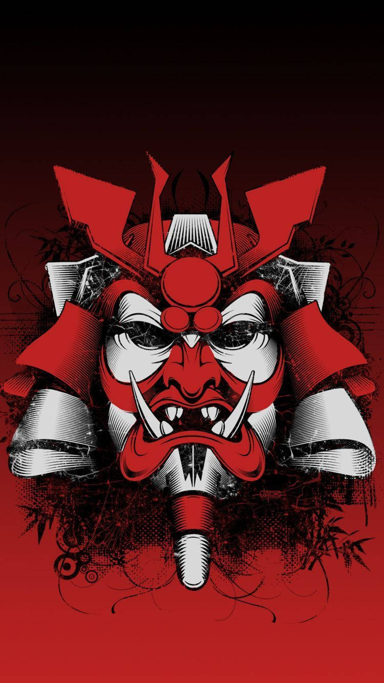 日本武士紅色 壁紙 — 一個大膽的紅白鬼面具，帶有鋒利的角和獠牙，主導著帶有黑色墨跡的深色漸變背景。