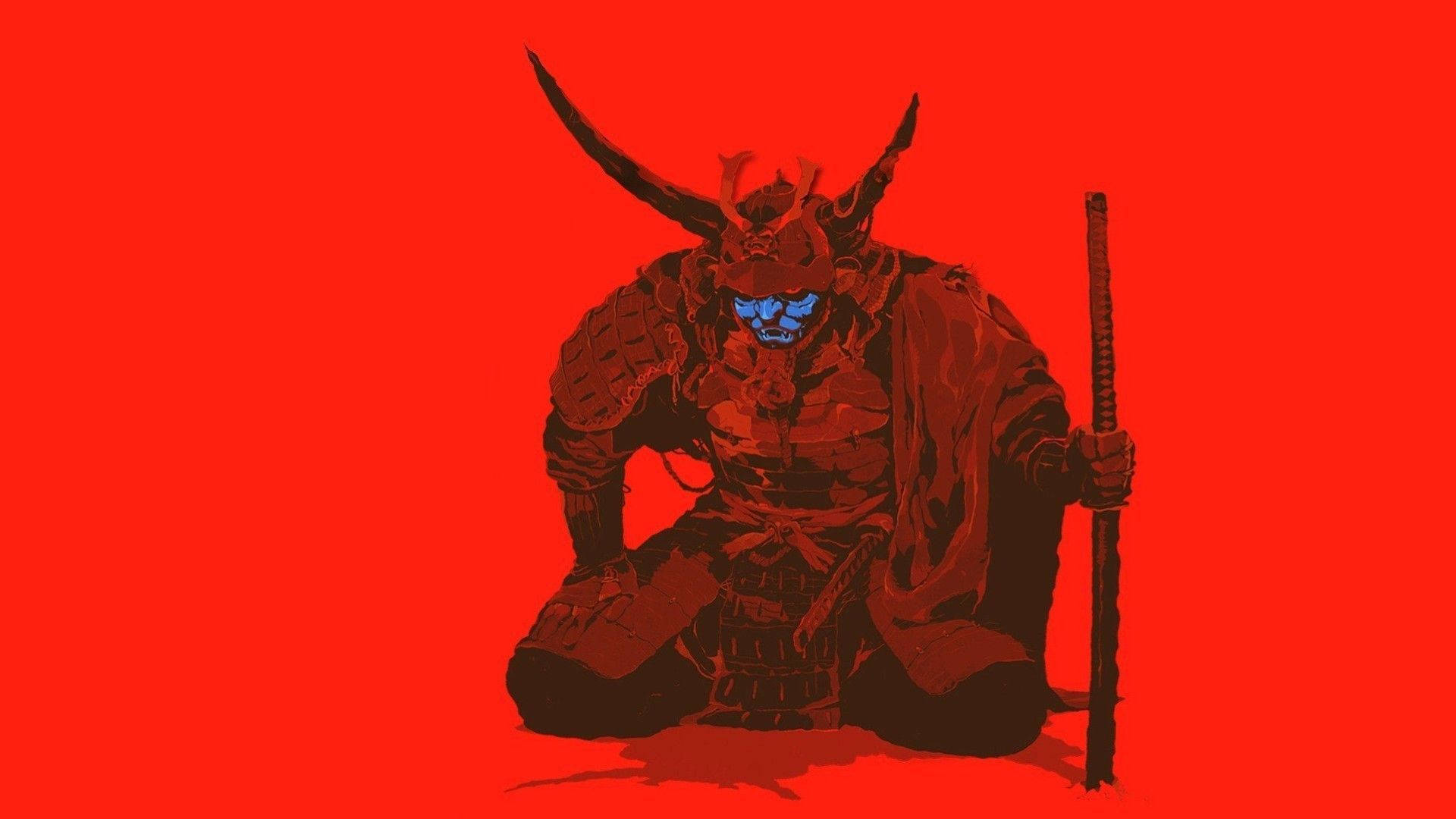 日本武士紅色主題 壁紙 — 一個身穿暗色盔甲的威猛武士跪在鮮紅色背景前，擁有發光的藍色眼睛和一把武士刀。