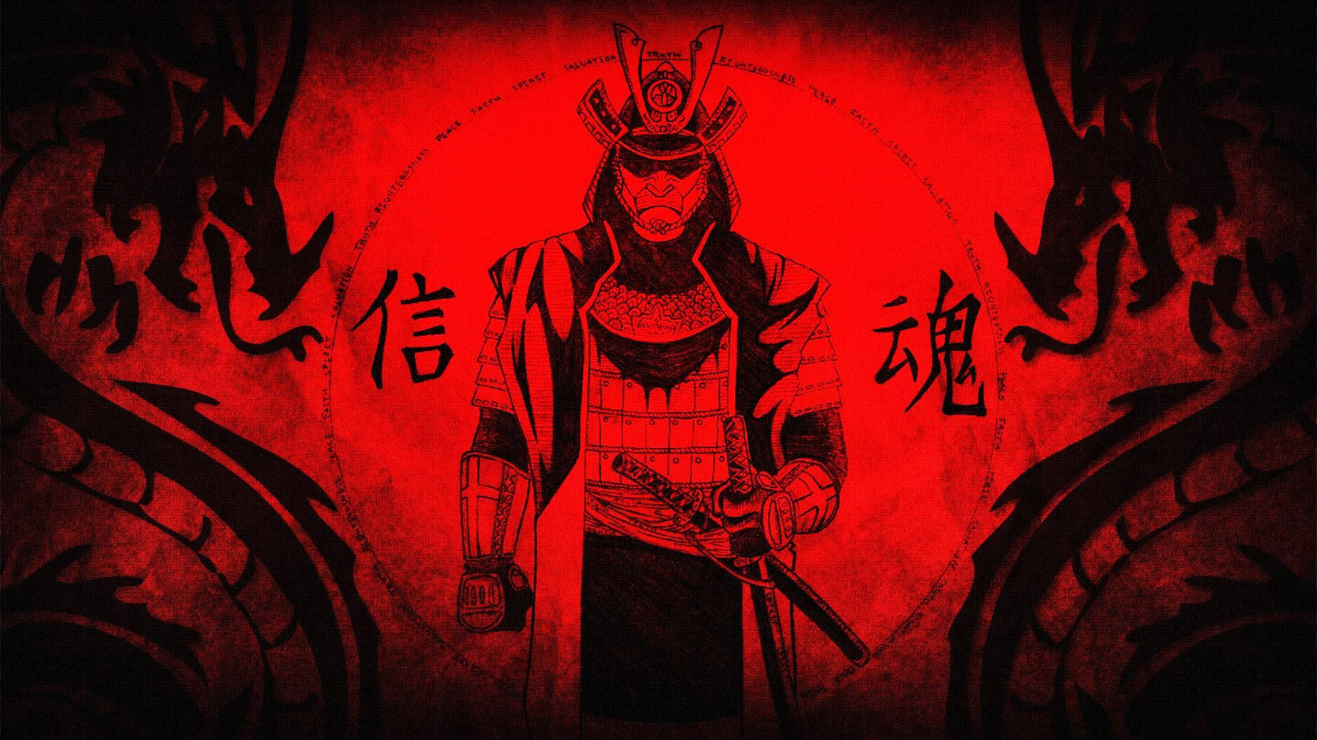 日本武士紅色雙龍 壁紙 — 一位嚴肅的武士穿著全套盔甲，站在血紅色背景前，兩側有黑龍和漢字。