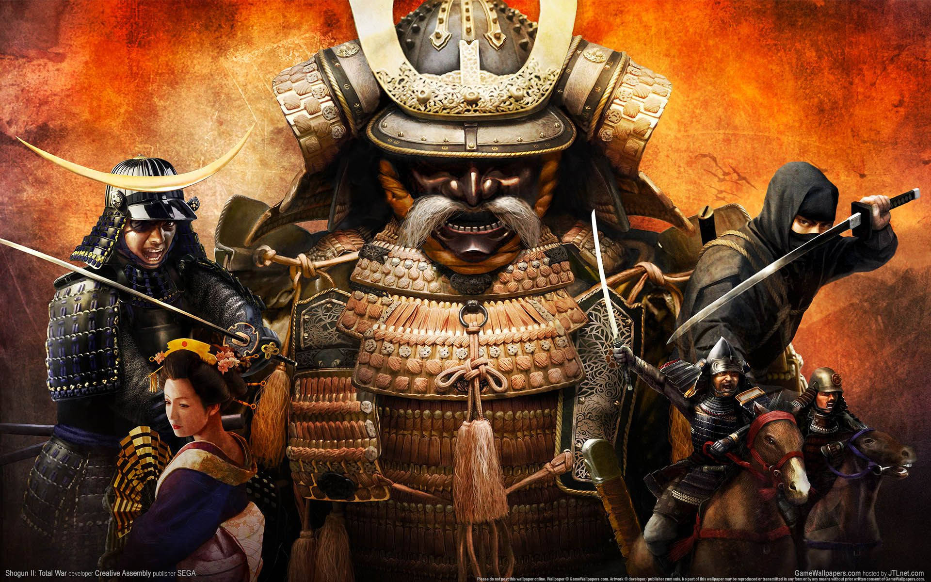 日本武士與忍者藝伎 壁紙 — 一位兇猛的武士穿著華麗的盔甲站在舞台中央，周圍環繞著戰士和一位藝妓，背景是火熱的橙色。