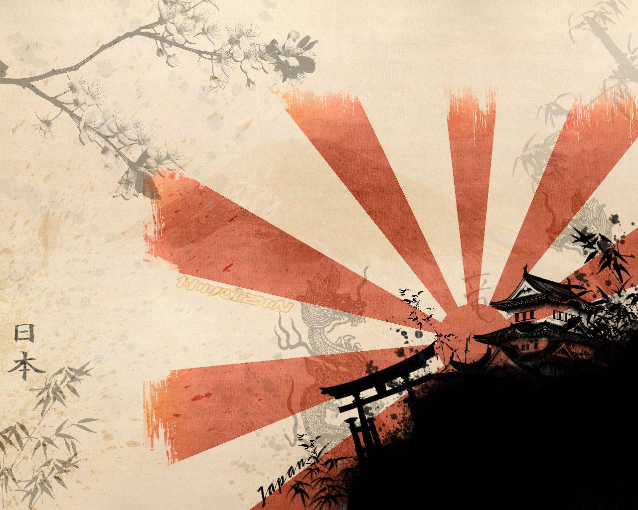 日本武士與旭日 壁紙 — 一面風格化的日本國旗在傳統建築和櫻花後方，於有紋理的羊皮紙上散發光芒。