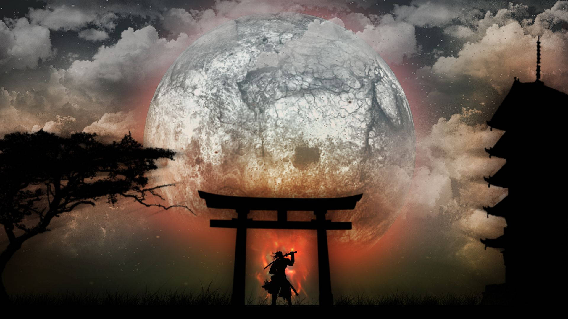 日本武士與月光鳥居 壁紙 — 一位武士站在鳥居下，背後巨大的裂月從旋轉的雲層中隱現。