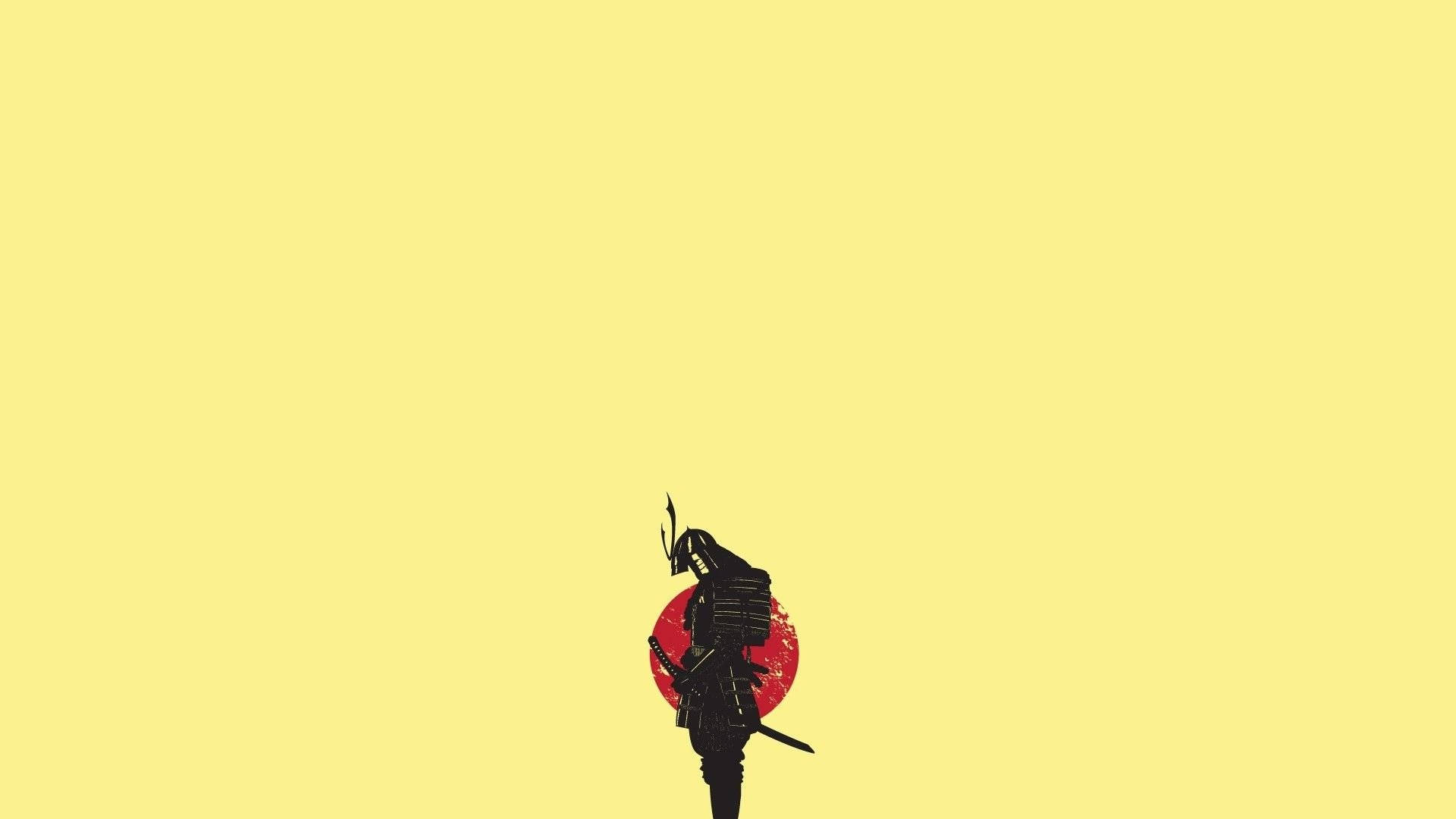 日本武士與淡黃背景 壁紙 — 一個孤獨的武士剪影站在紋理紅日之前，背景為淡黃色。