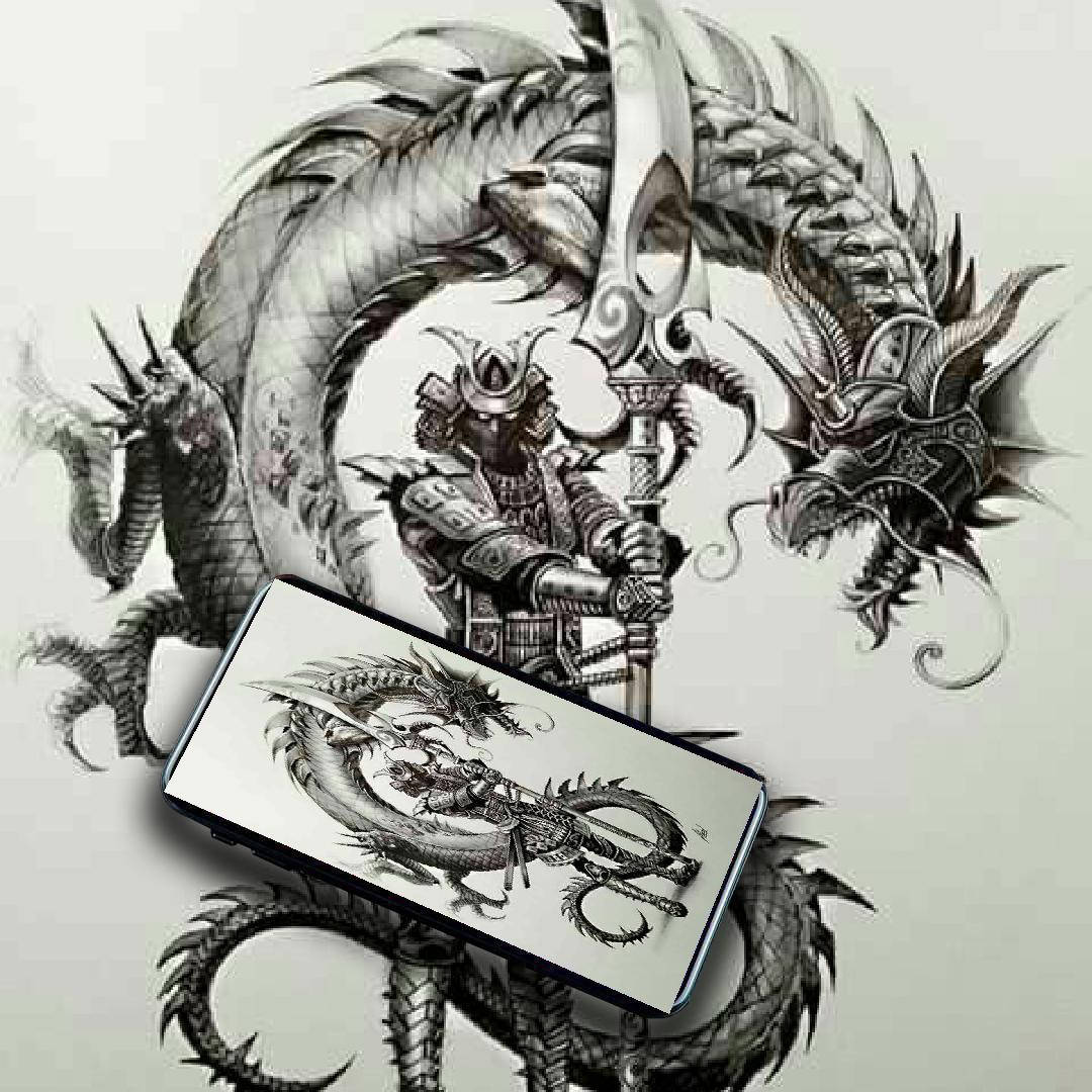 日本武士與龍 壁紙 — 一幅詳細的黑白插圖，描繪一位揮舞著劍的武士，被一條盤繞的龍包圍。