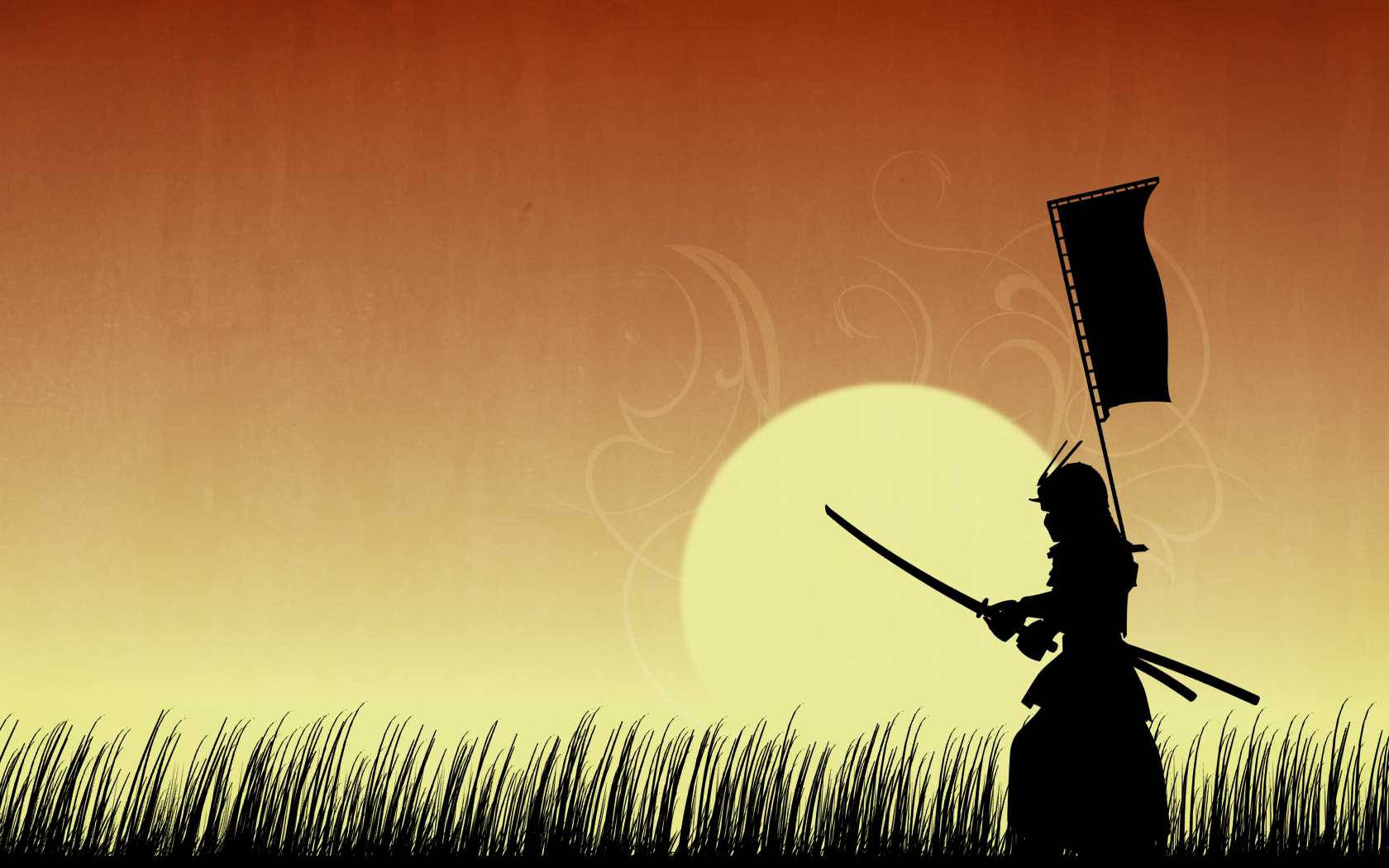 日本武士草地訓練 壁紙 — 武士剪影，手持劍和旗幟，背景是溫暖的日落天空，下方有草地。