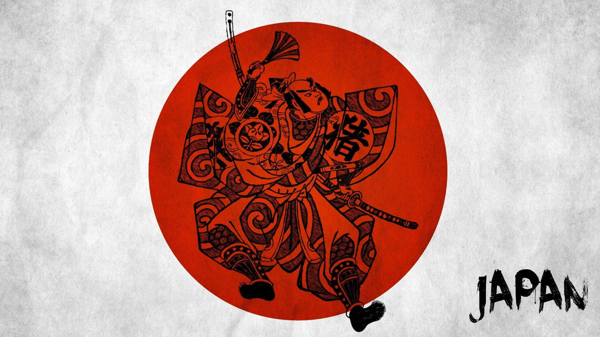 日本武士跳舞 壁紙 — 一個風格化的武士戰士穿著華麗盔甲，在帶有紋理的白色背景上，於一個大膽的紅色圓圈內動態站立，並帶有「JAPAN」文字。