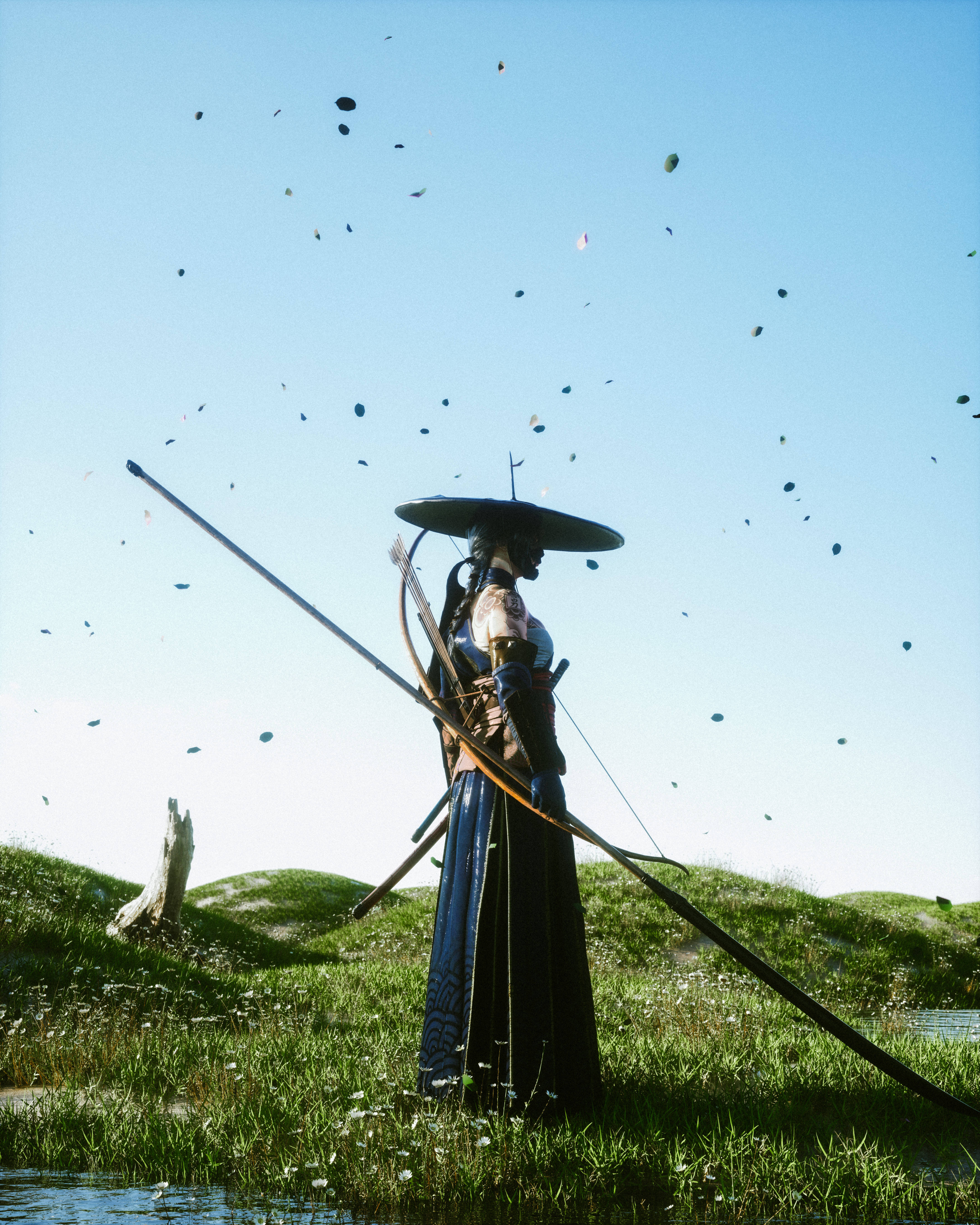 日本武士長刀 壁紙 — 一名身穿傳統盔甲、戴著寬邊帽的戰士，在一片綠草地上，手持長弓，在晴朗的藍天下，周圍漂浮著黑暗球體。