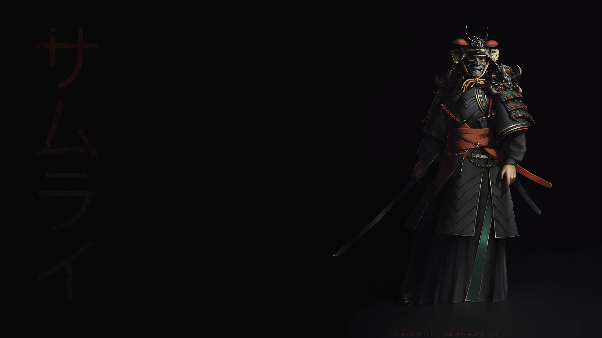 日本武士雙刀 壁紙 — 一位身穿華麗黑色盔甲、帶有紅色點綴的武士戰士，在帶有日文的黑暗背景前蓄勢待發。