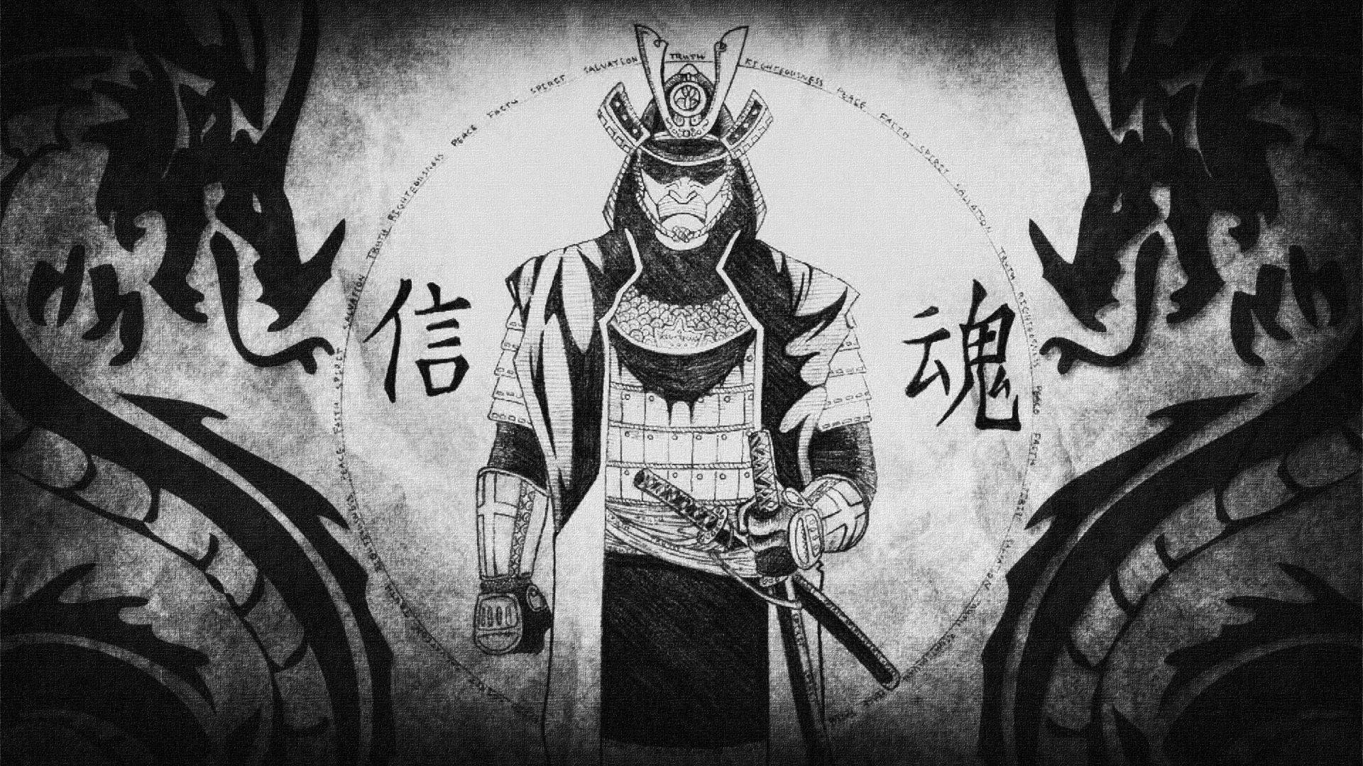 日本武士雙龍圖騰 壁紙 — 一位嚴肅的武士穿著全套盔甲，站在兩條龍之間，兩側有漢字環繞。
