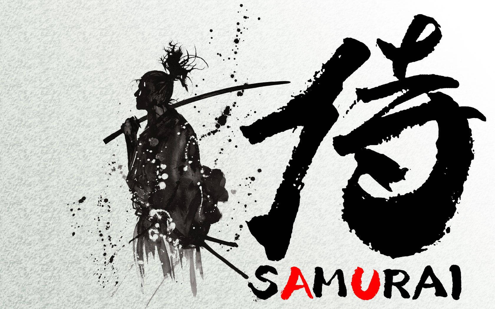 日本武士馬尾造型 壁紙 — 一幅動態水墨畫插圖，描繪武士剪影手持武士刀，旁邊有粗獷的毛筆漢字和紅色「SAMURAI」文字。