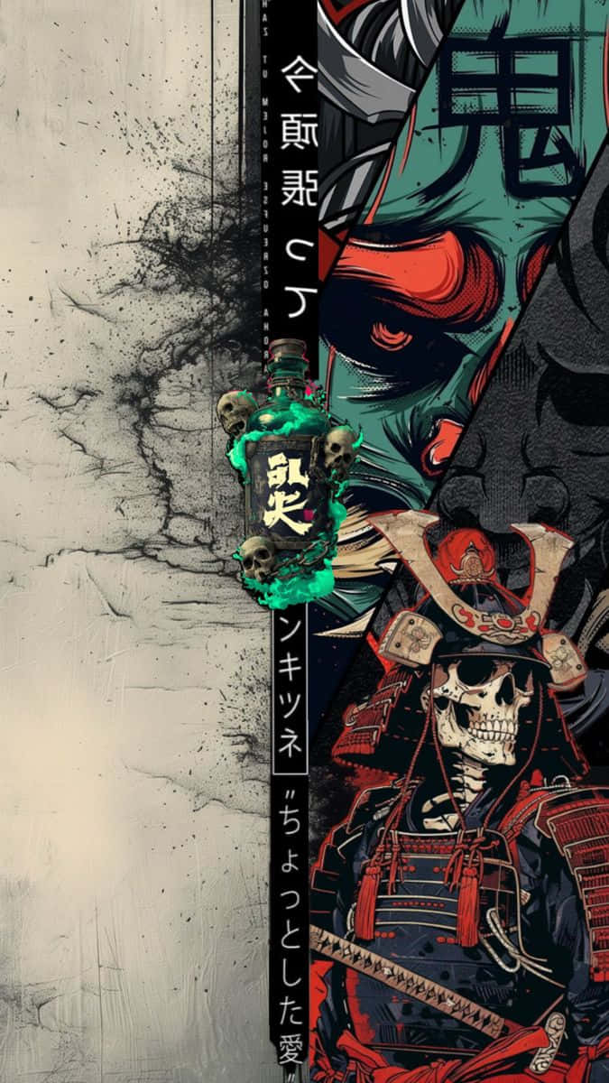 日本武士骷髏 壁紙 — 一個風格化的武士骷髏戰士穿著紅色盔甲，站在一個有日本文字和骷髏的惡魔綠色面孔人物旁邊。