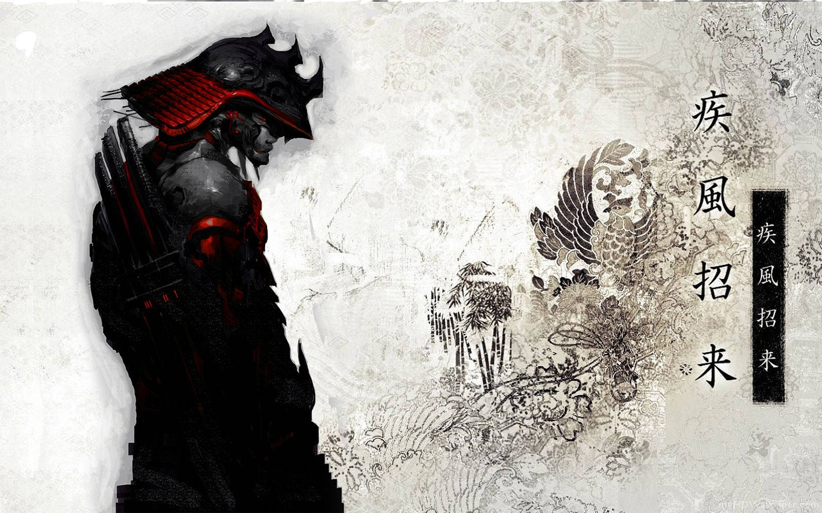 日本武士黑紅鎧甲 壁紙 — 一位身穿深色盔甲、帶有紅色點綴的武士，站在帶有紋理的羊皮紙背景前，背景上有墨跡日本書法和傳統圖案。