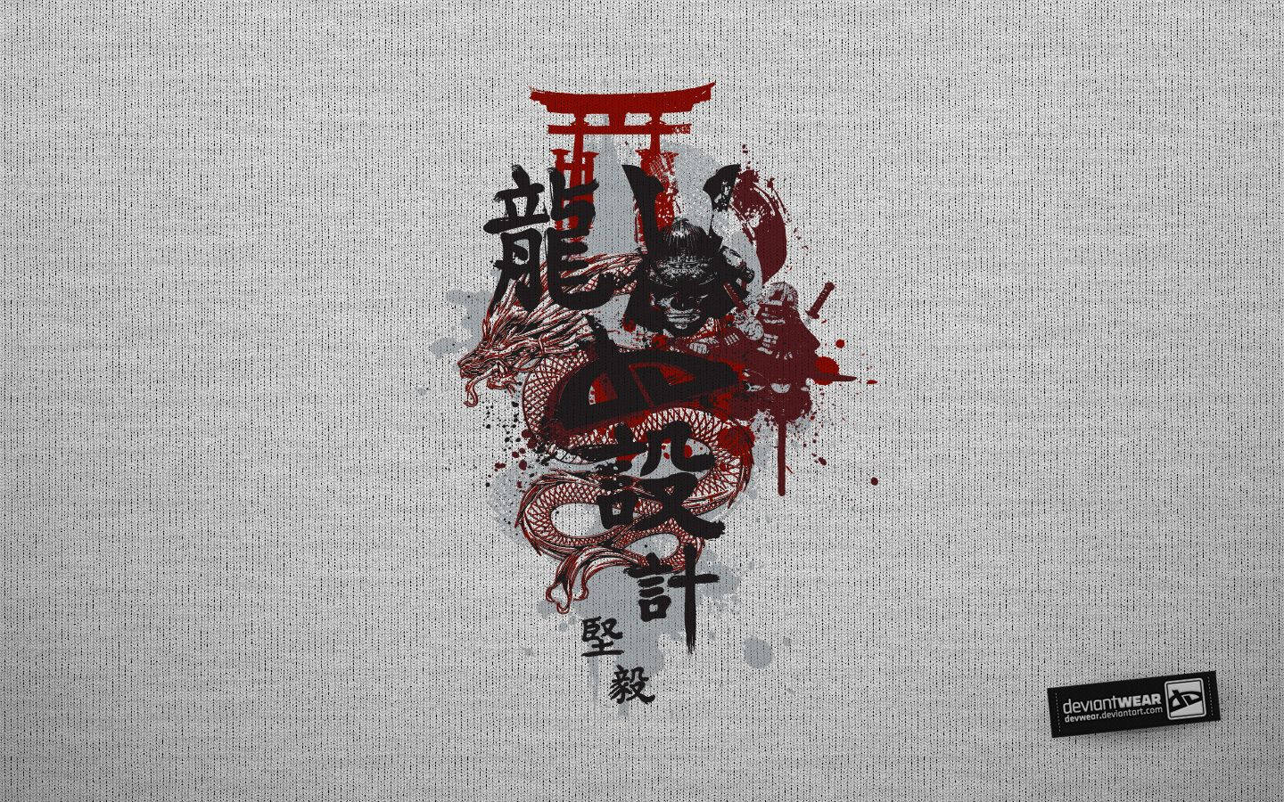 日本武士龍與鳥居 壁紙 — 一個大膽的紅黑日本龍紋身設計，帶有漢字和鳥居，濺在紋理灰色布料上。