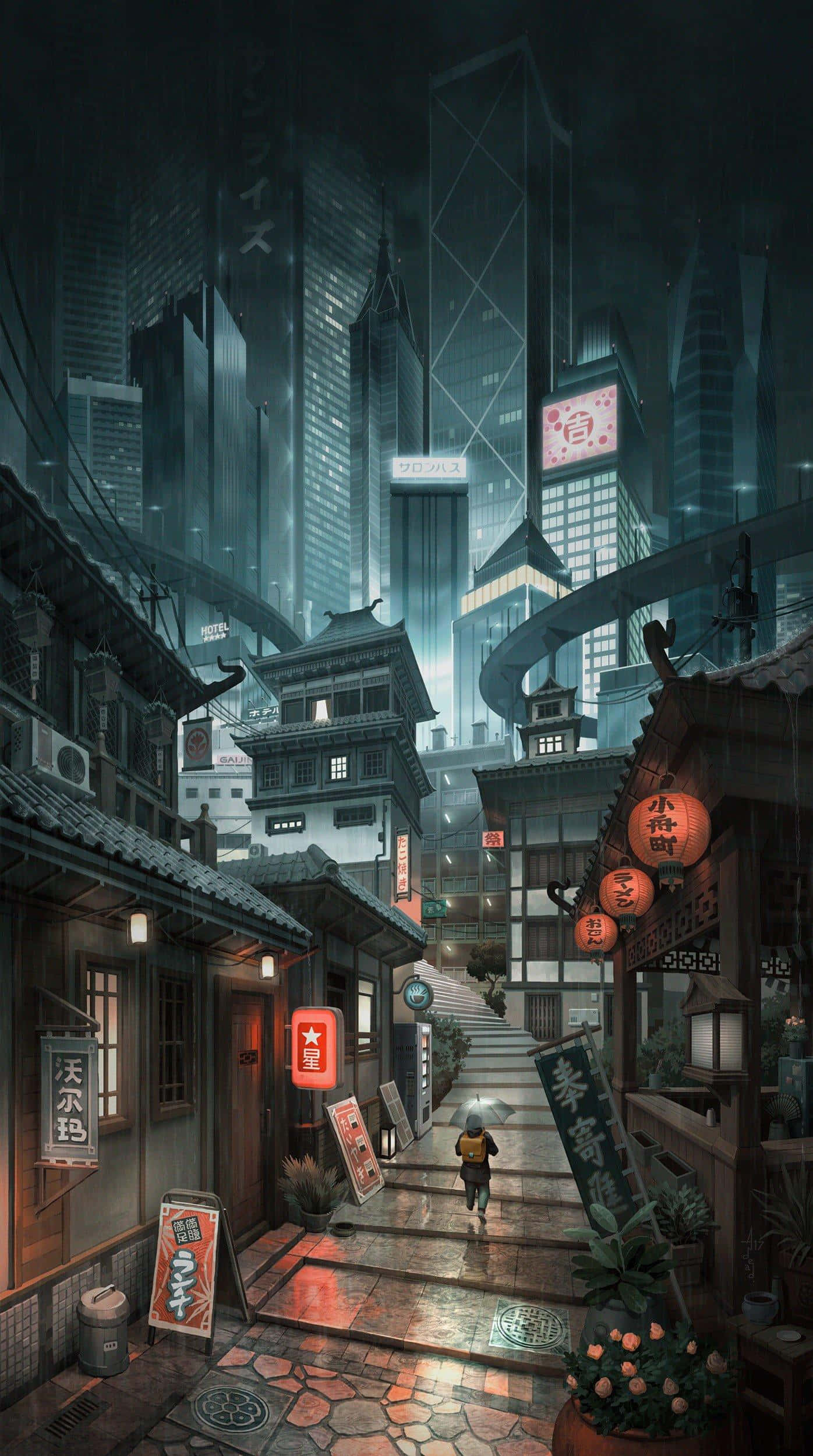 一個人在下雨的賽博龐克小巷中行走，周圍是傳統與未來主義建築。
