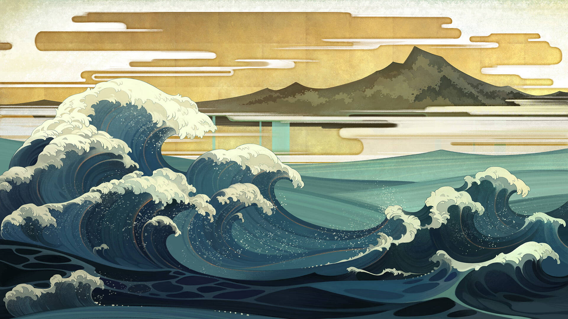 日本海浪奇幻藝術 壁紙 — 一道戲劇性的海浪向觀眾席捲而來，帶有泡沫般的白色浪花，背景是金色的天空和遠山。