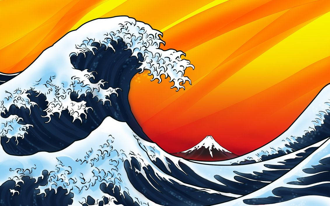 日本海浪抽象橙色天空 壁紙 — 一個風格化的巨浪衝向充滿活力的橙色日落，遠處有富士山。