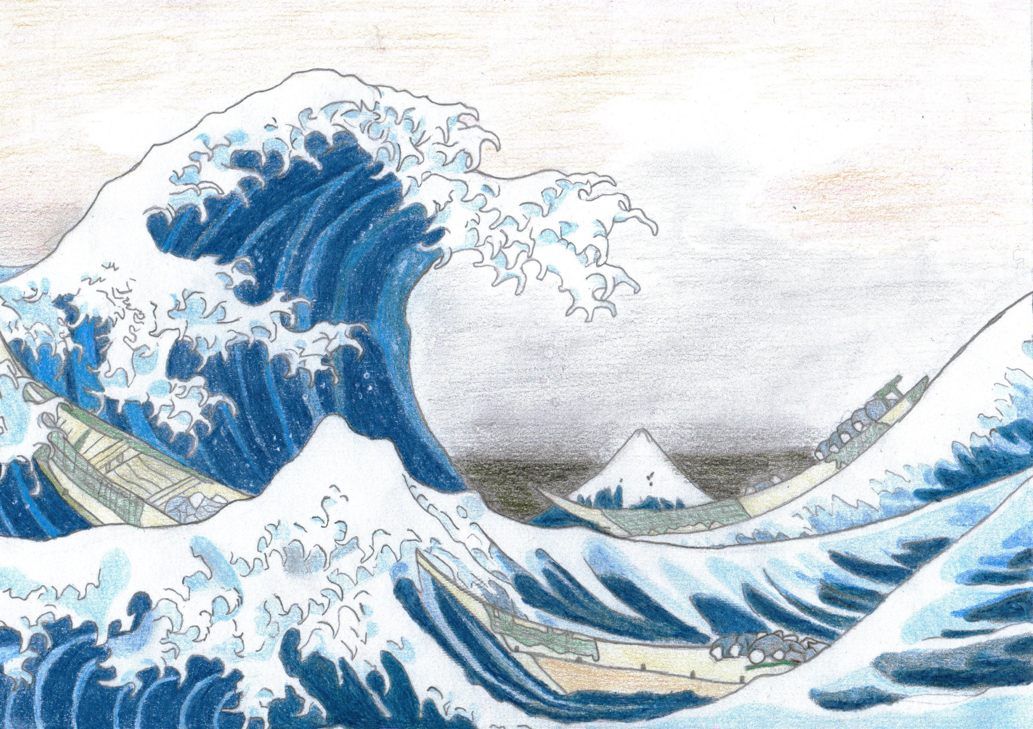 日本海浪繪畫 壁紙 — 在蒼白的天空下，一道戲劇性的藍色巨浪拍打著船隻，遠處是富士山。