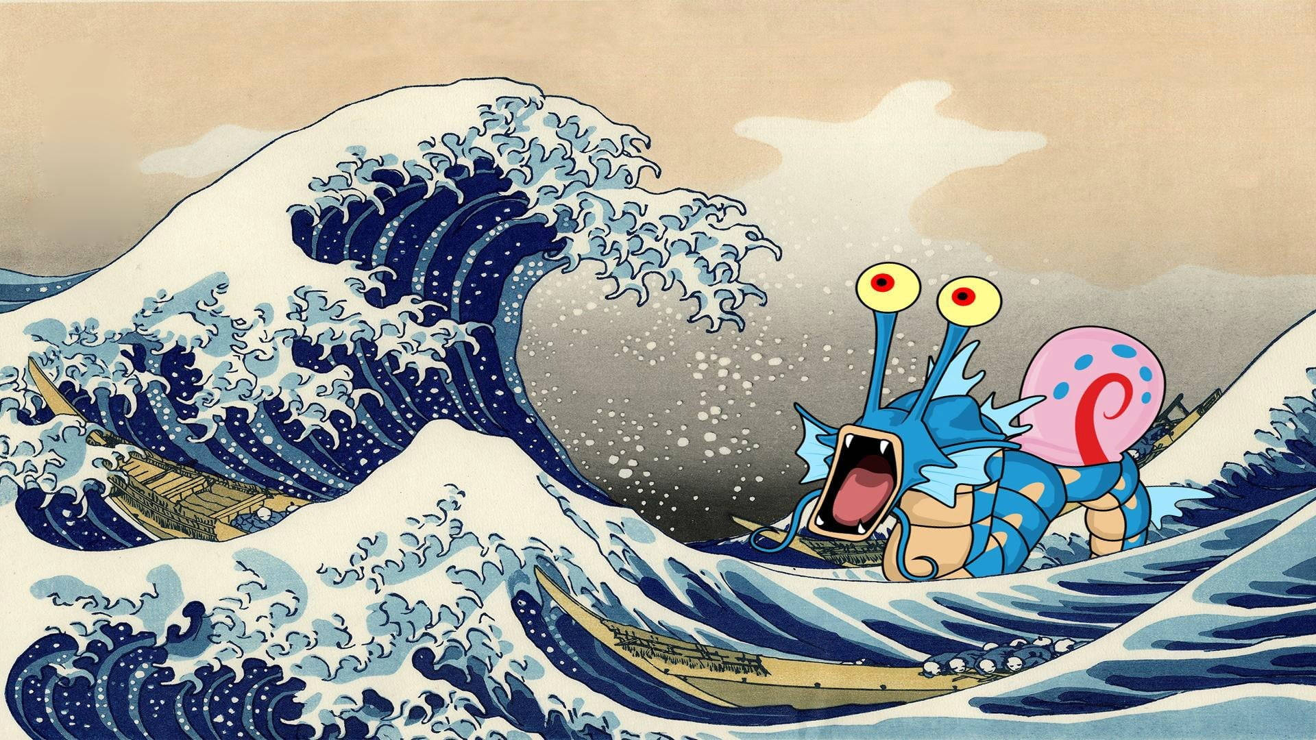 日本海浪與蓋亞龍 壁紙 — 一隻卡通蝸牛有大眼睛，喺一艘船前面，背景係受北齋嘅大浪啟發嘅巨型藍色波浪。