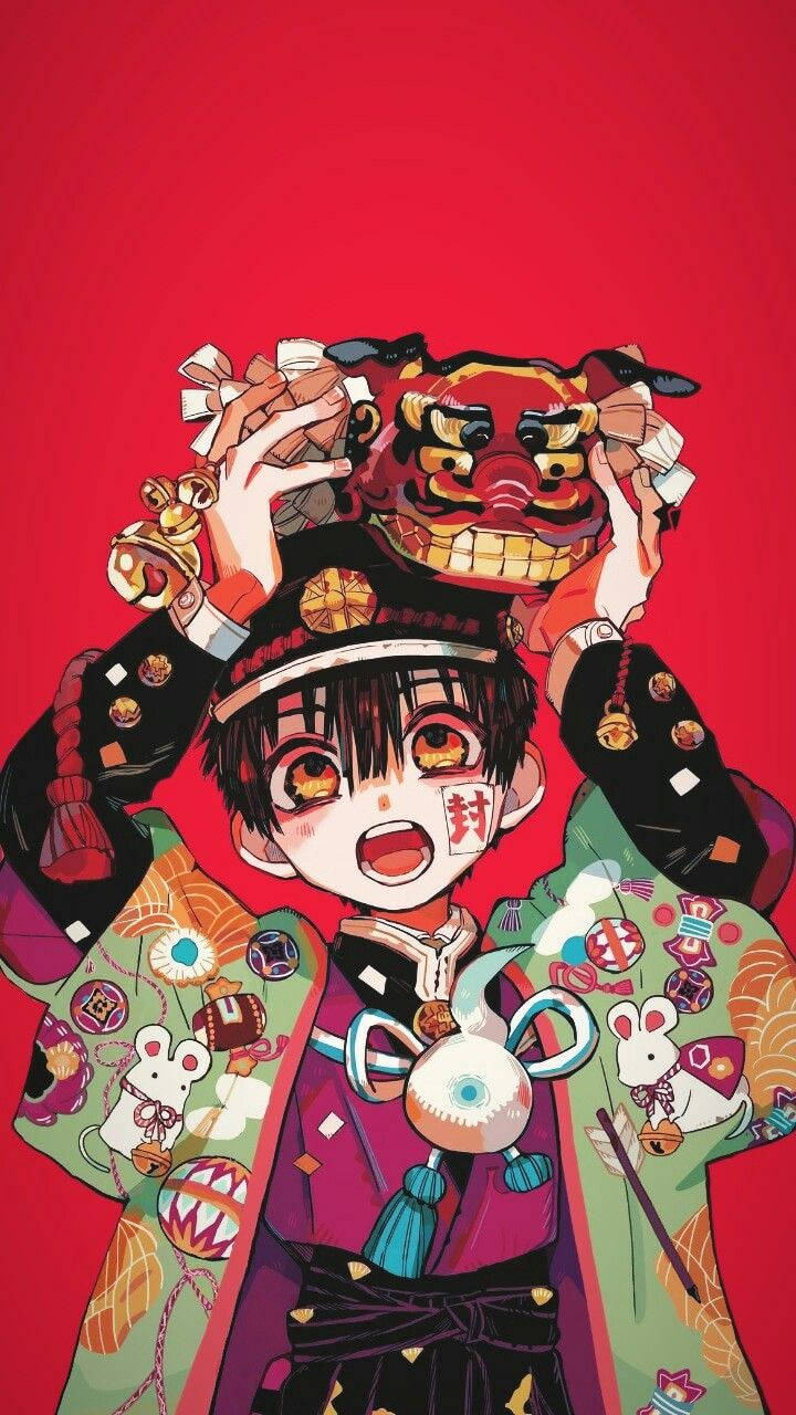 動漫男孩穿著節慶和服，手持紅色舞獅面具。