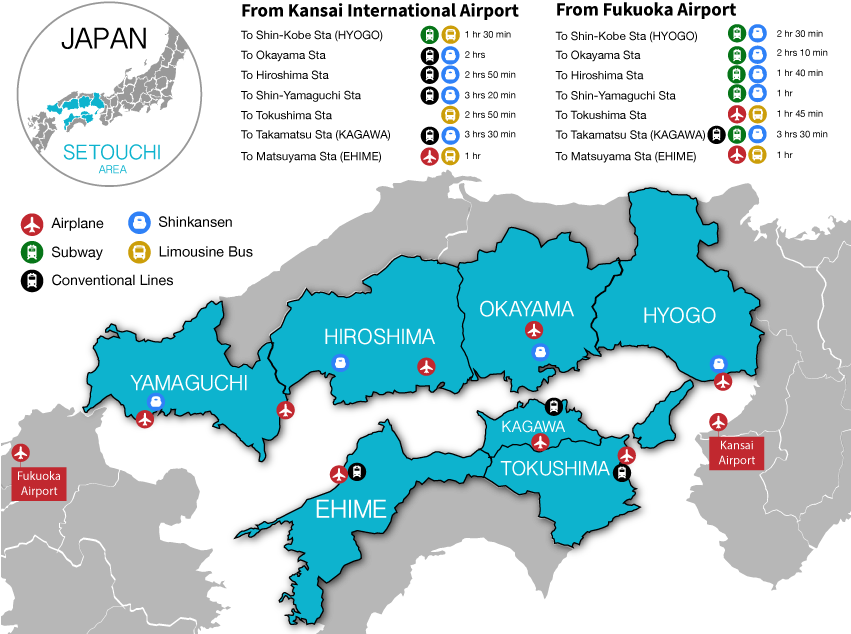 日本瀨戶內地區交通地圖 壁紙 — 一張風格化的日本瀨戶內地區地圖，在黑色背景上突出顯示縣和交通圖標。