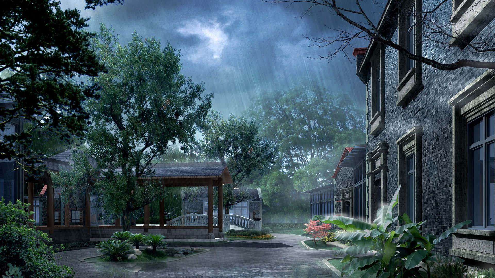 一個庭院中的雨傍晚，有石頭建築和茂密綠植。