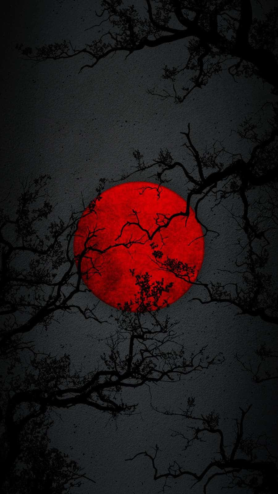夜間被光禿樹枝框住的紅色滿月