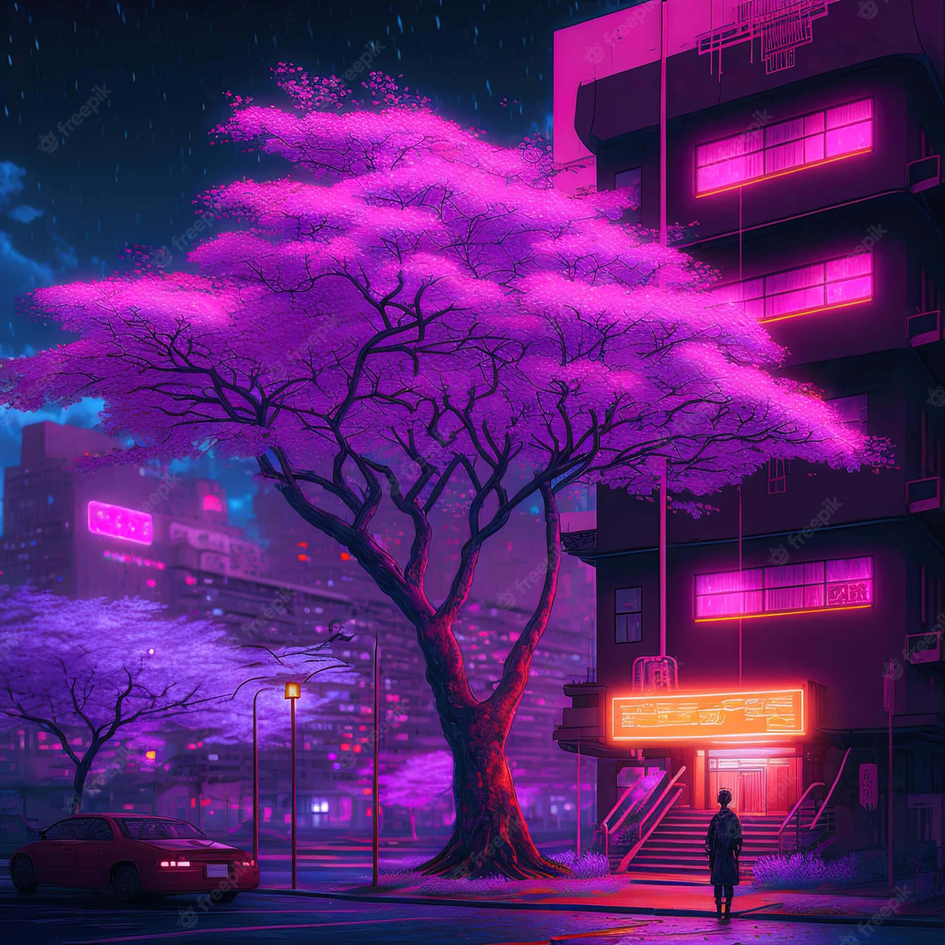 夜晚在霓虹城市中站在發光樹下的人