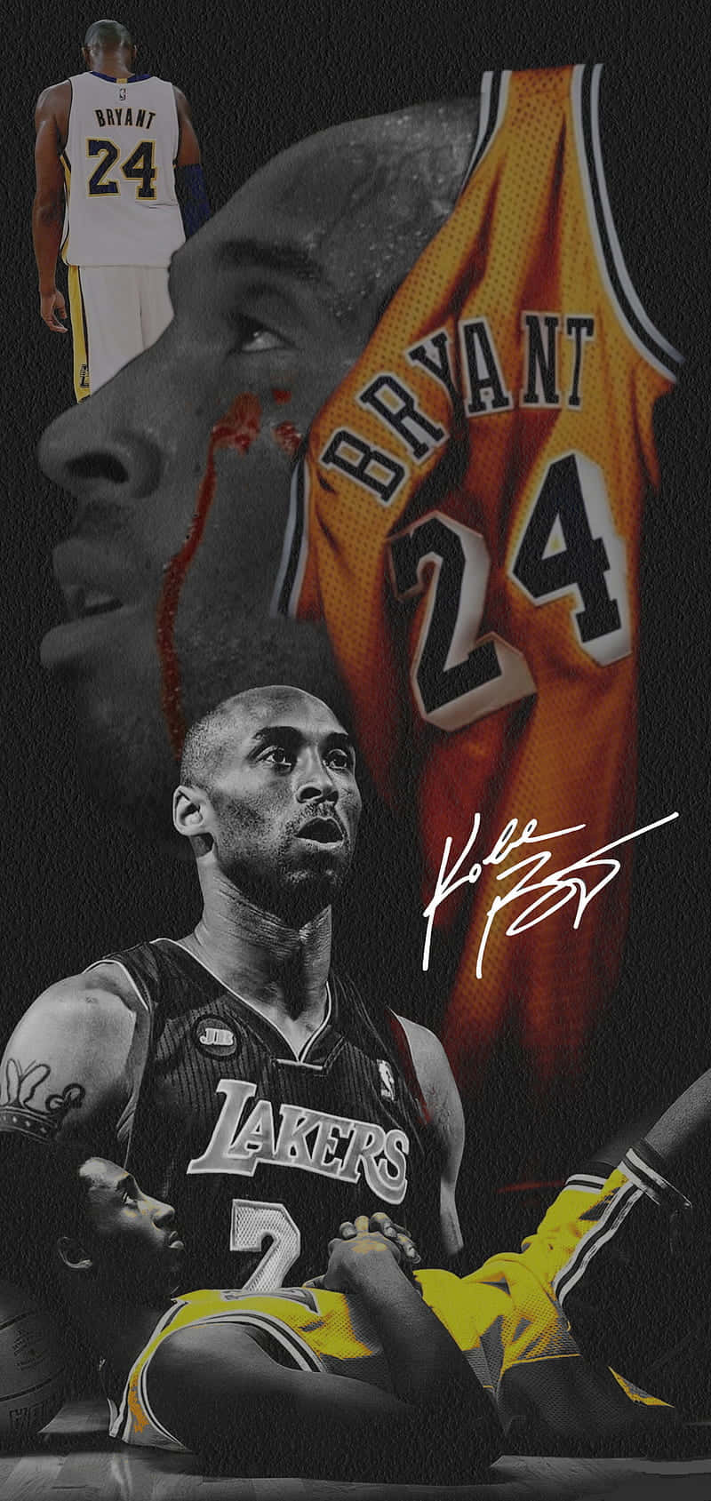 日本神戶六甲山倒映於閃耀水面 壁紙 — Kobe Bryant 致敬拼貼畫，展示他的臉、球衣和簽名，以及身穿湖人隊服的隊友。