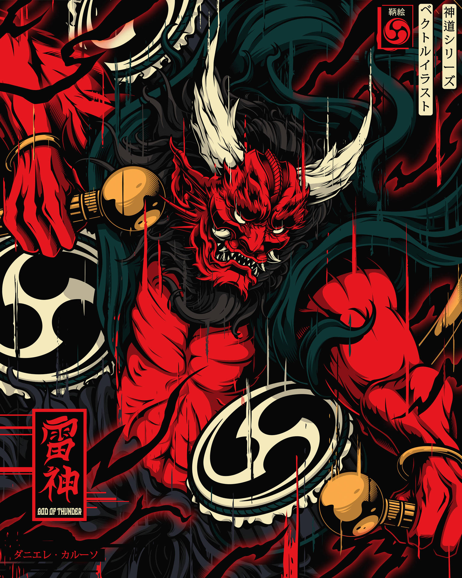 紅色日本雷神，白色角，手持金色錘子。