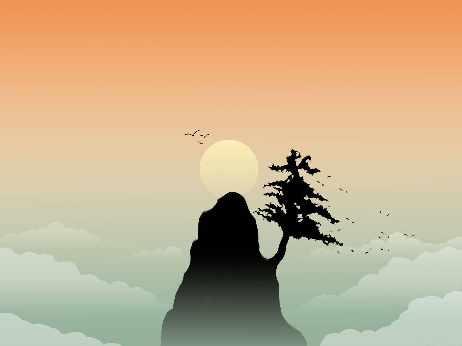 日本禪意山峰 壁紙 — 一棵孤樹剪影在山頂上，背景是溫暖漸變的日落天空，鳥兒飛翔。