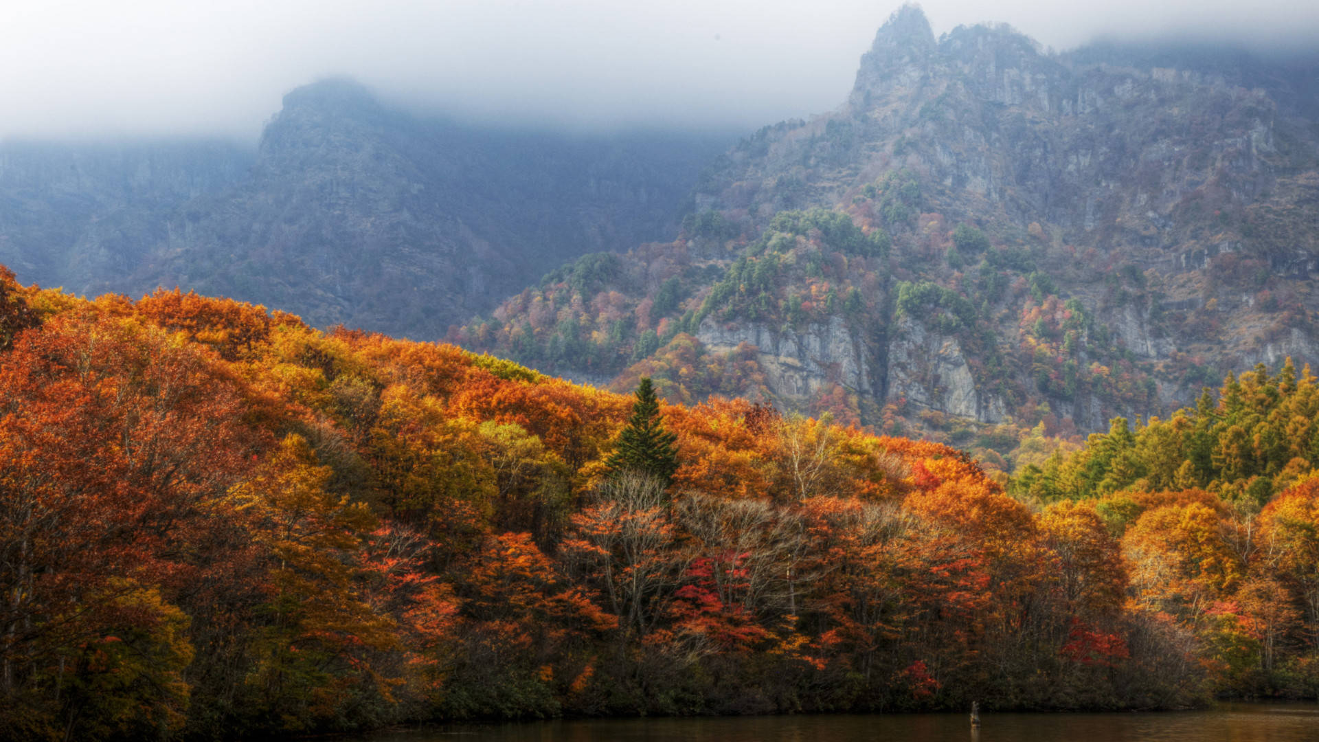 日本自然秋山 壁紙 — 霧氣瀰漫的山谷，火紅的秋葉沿著平靜的河流排列，天空多雲。