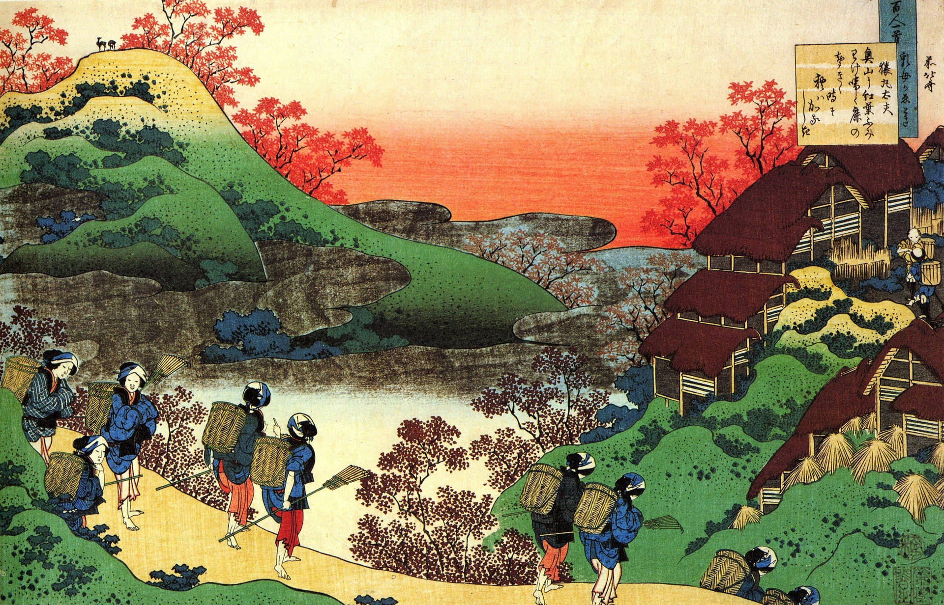 提著籃子的旅人沿著小路穿過秋日山丘，在日落時分靠近村莊。