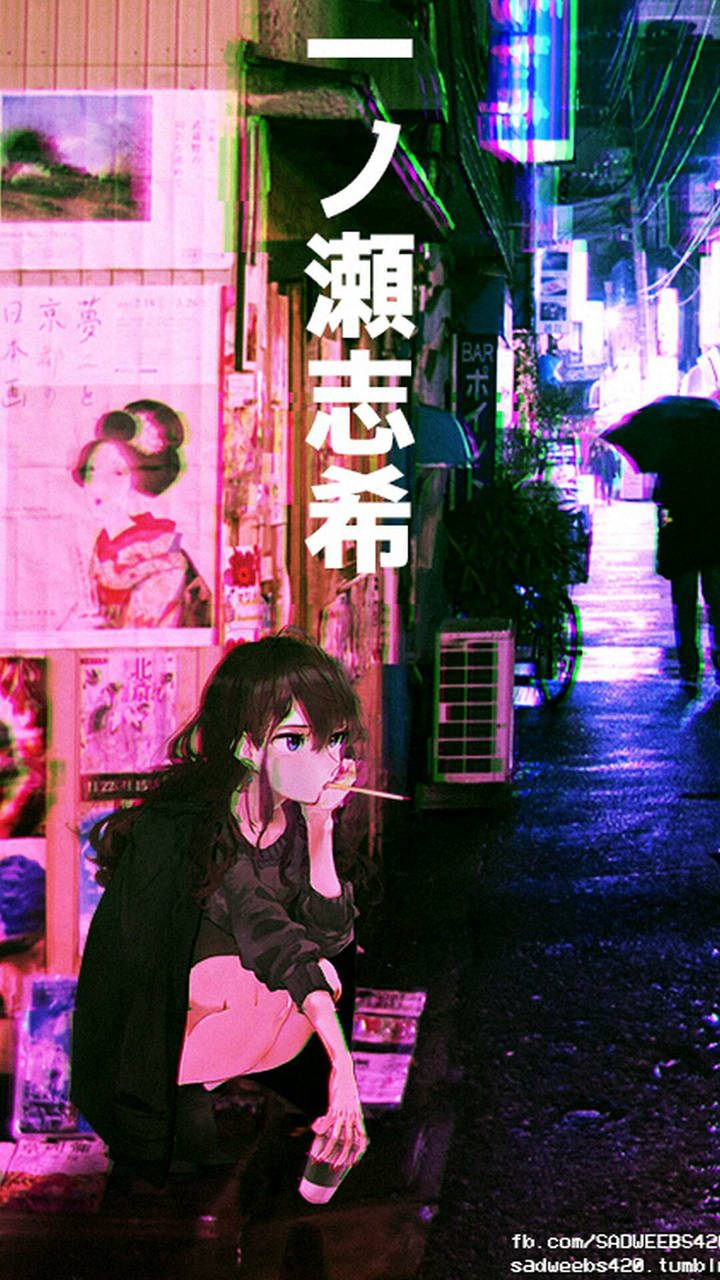 動畫女孩在霓虹燈照亮的下雨東京小巷中，與海報和招牌一起吸煙。
